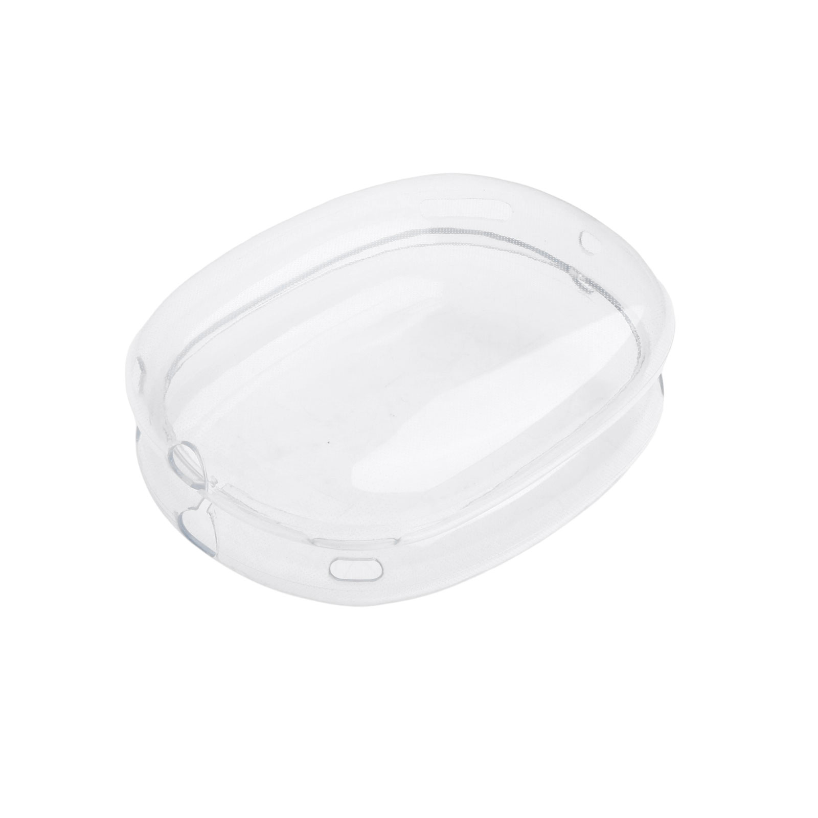 Eine transparente Kunststoffhülle für Kopfhörer, oval geformt, mit einer Naht an den Rändern, auf weißem Hintergrund.