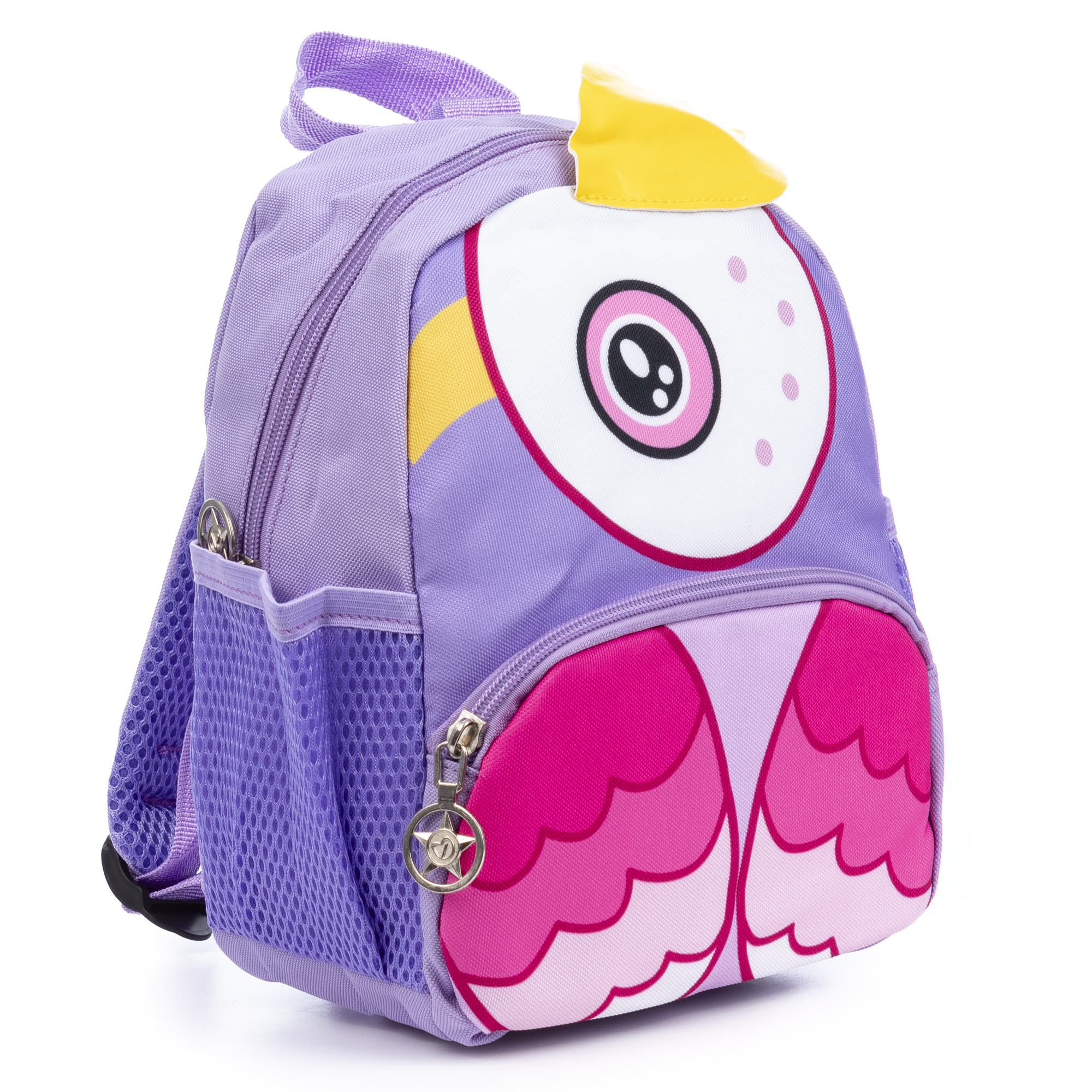 Zaino viola a tema gufo con ali rosa, dettagli gialli e scomparto con zip. Ha tasche laterali in rete e una maniglia.