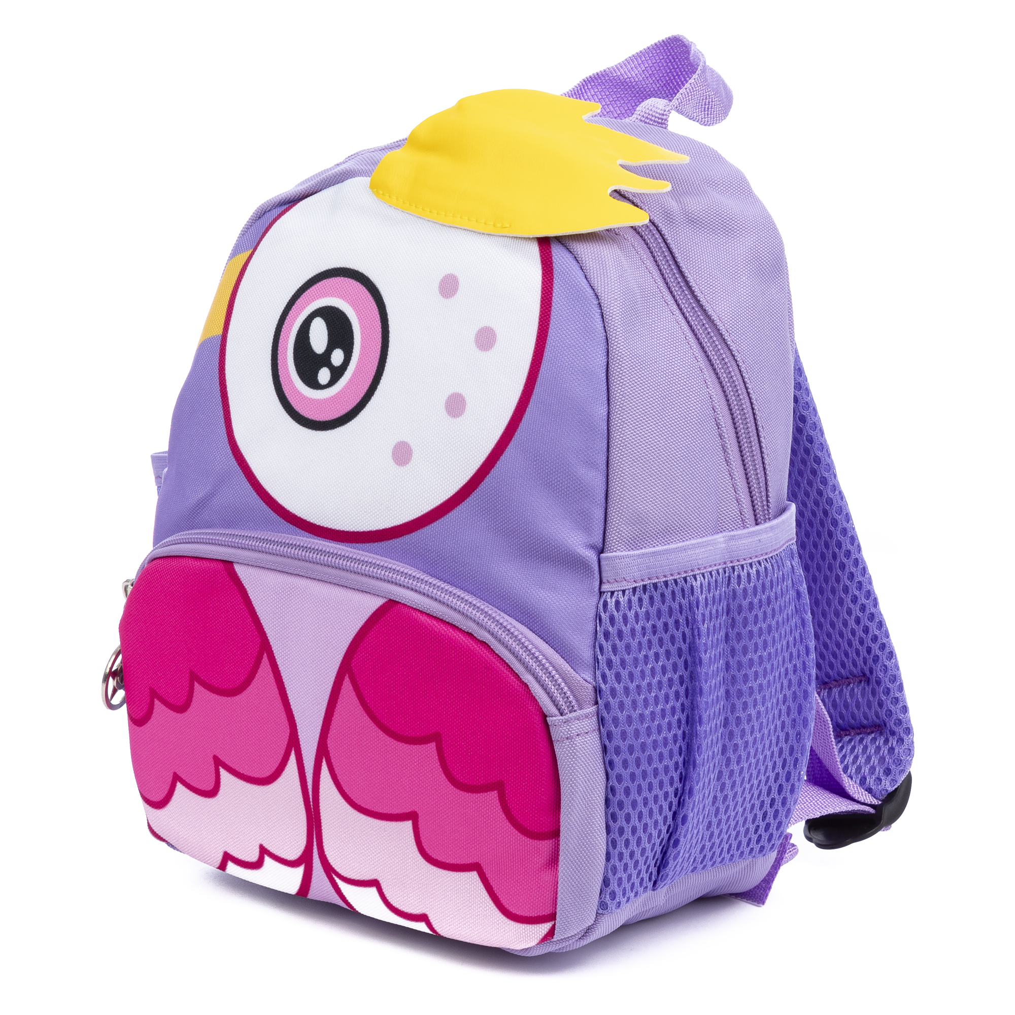 Uno zaino a forma di gufo viola con dettagli rosa e gialli, tasca laterale in rete e sfondo bianco.