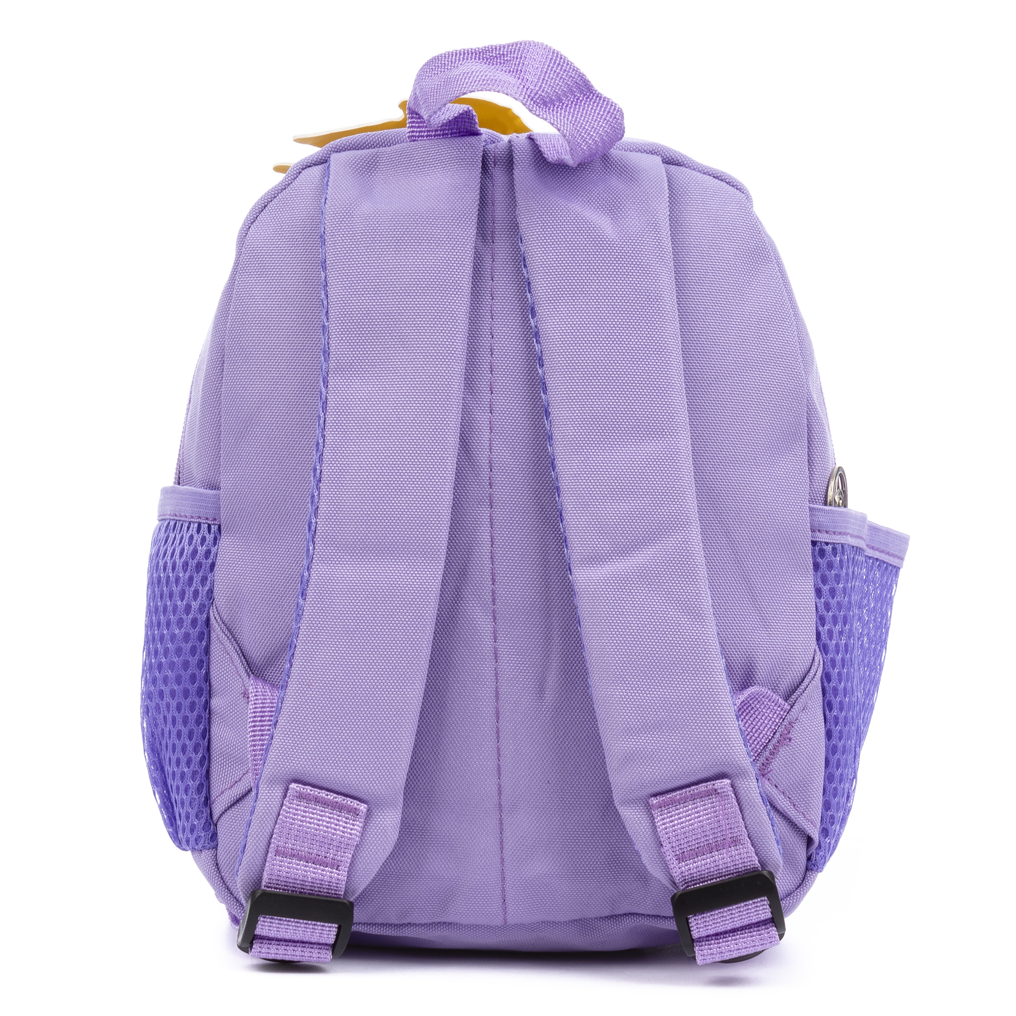 Uno zaino viola visto da dietro. Ha tasche laterali in rete, spallacci regolabili e un piccolo passante per il trasporto.