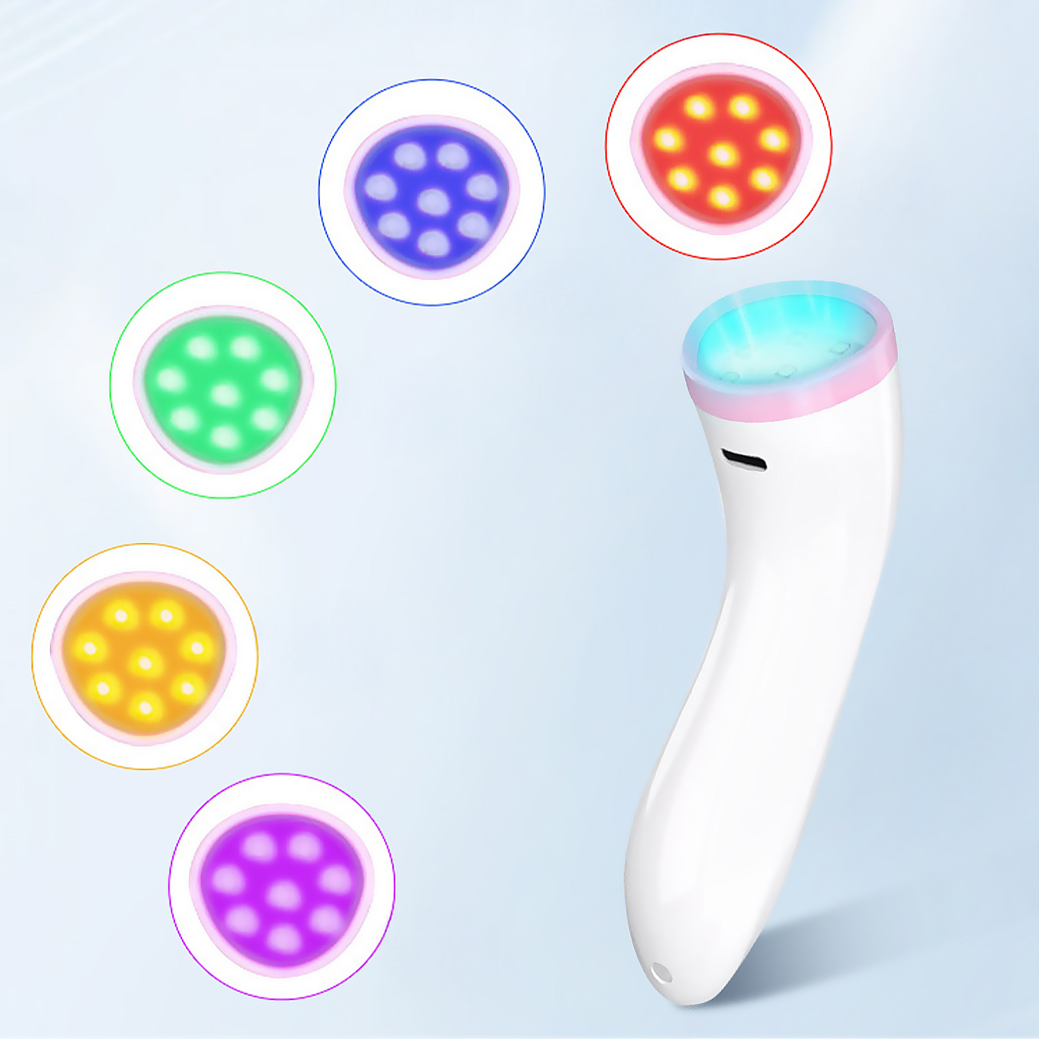 Un dispositivo blanco para el cuidado de la piel con una luz azul brillante, rodeado de círculos de luz de colores: verde, amarillo, morado, azul y rojo.