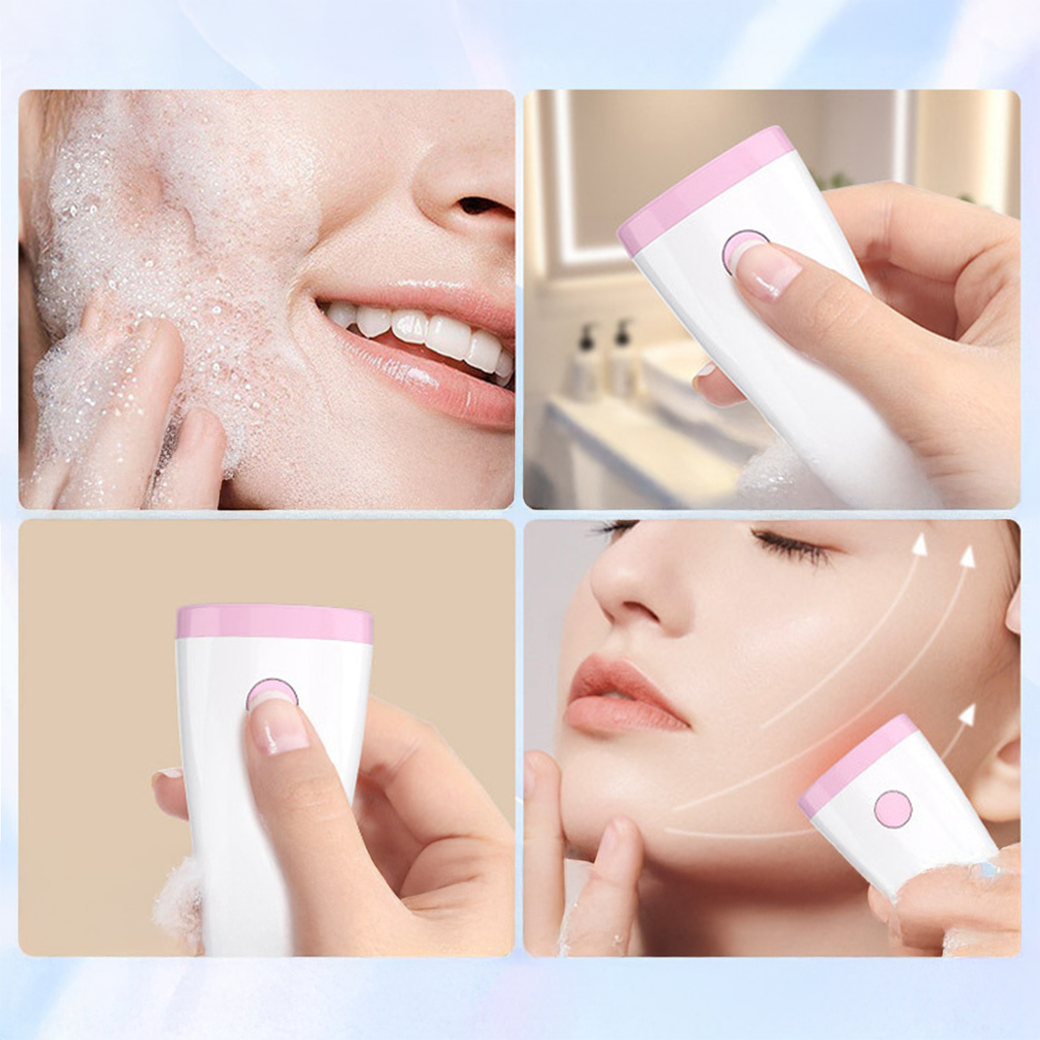 La imagen muestra a una mujer con la cara limpia usando un dispositivo de limpieza facial. El dispositivo es blanco con detalles rosas, usándose con espuma.