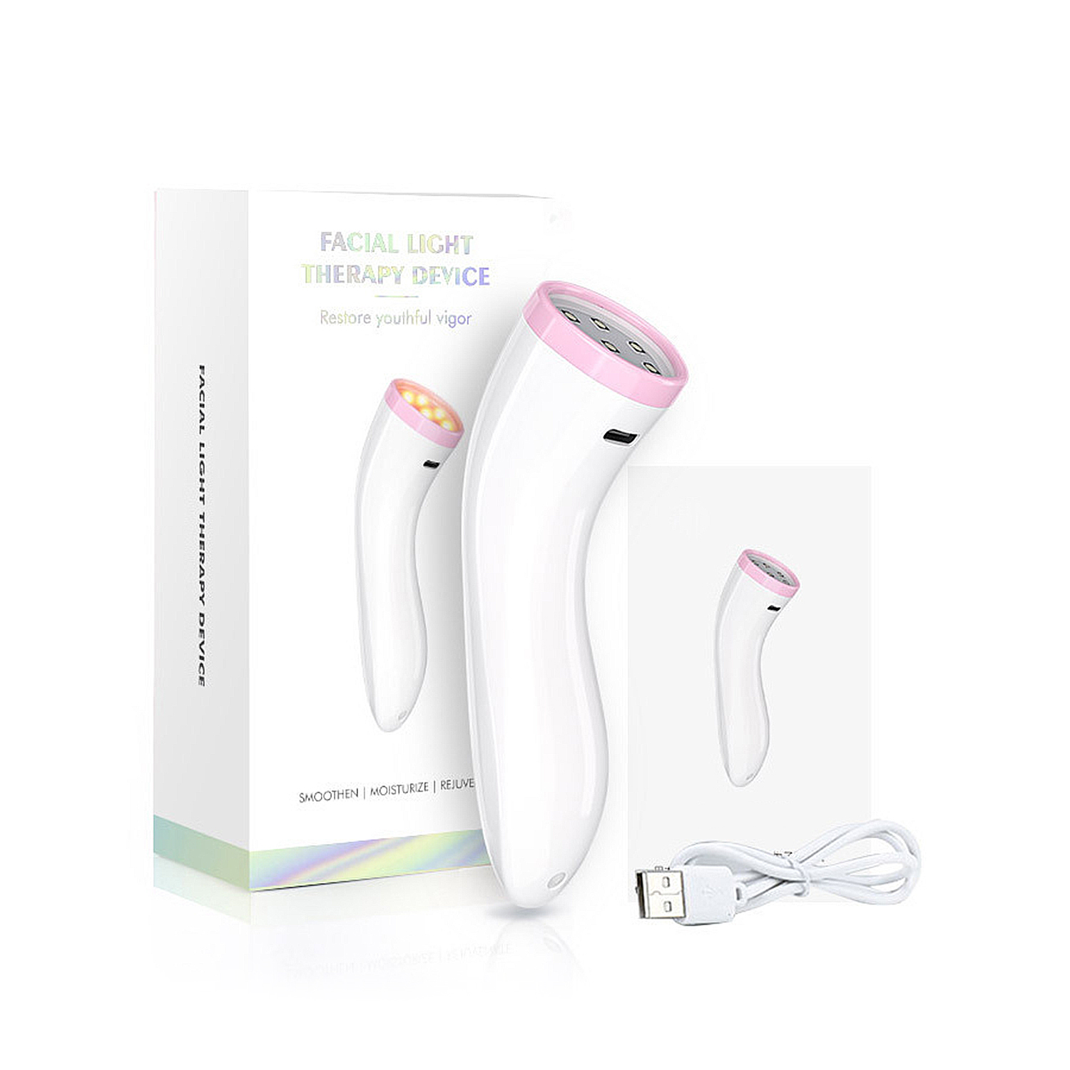Un dispositivo blanco de terapia de luz facial con borde rosa, caja y cable USB sobre fondo blanco. La caja dice Facial Light Therapy Device.