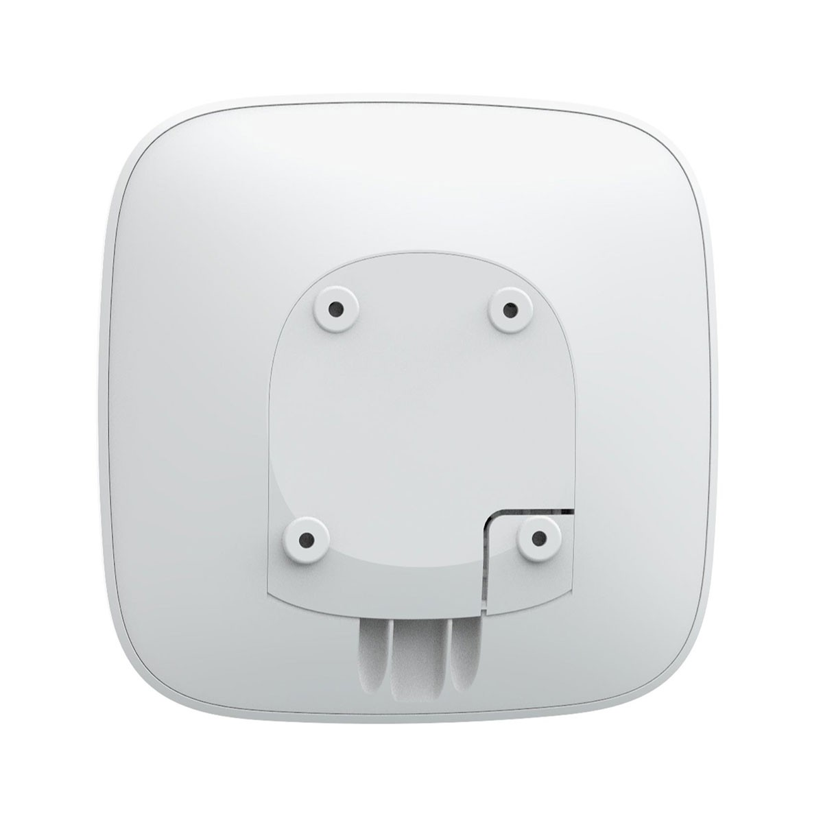 Un dispositivo cuadrado blanco con esquinas redondeadas. Tiene cuatro agujeros circulares y un componente rectangular con una ranura.
