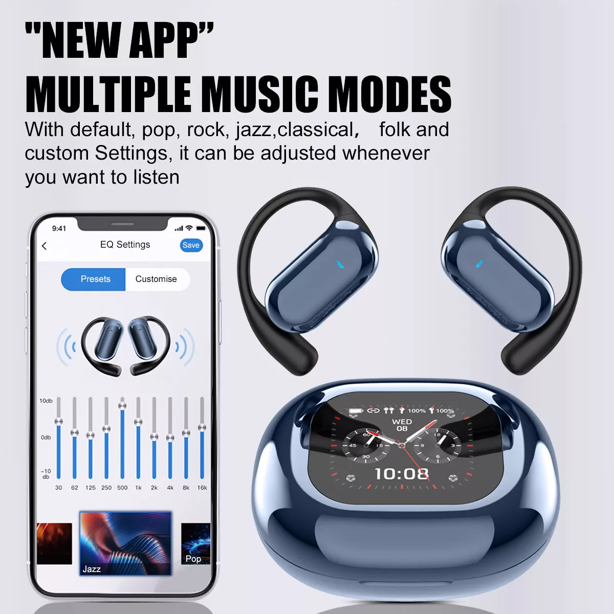 Das Bild zeigt Ohrhörer, ein Ladeetui und einen Telefonbildschirm mit Musikeinstellungen. Der Text lautet 'New App' und 'Multiple Music Modes'.