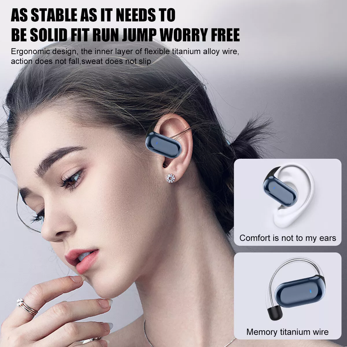Eine Frau, die einen kabellosen Ohrhörer trägt. Der Text lautet 'AS STABLE AS IT NEEDS TO BE'. Andere Ohrhörer werden mit Text wie 'Comfort is not to my ears' gezeigt.