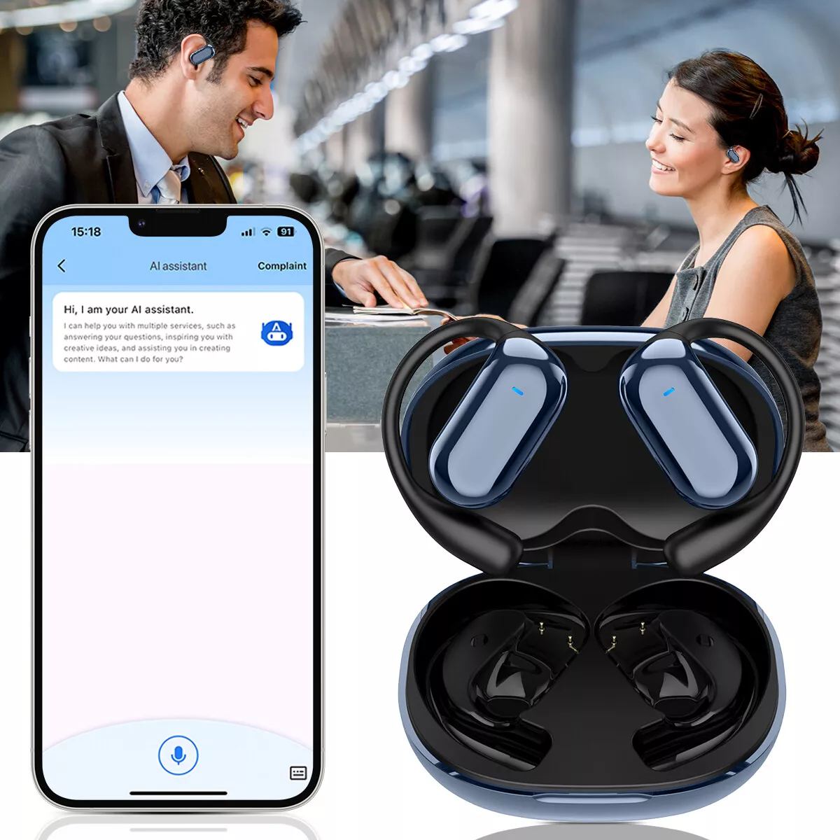 Das Bild zeigt zwei Personen mit Ohrhörern, die einen KI-Assistenten auf einem Telefon verwenden, und ein Etui mit Ohrhörern.