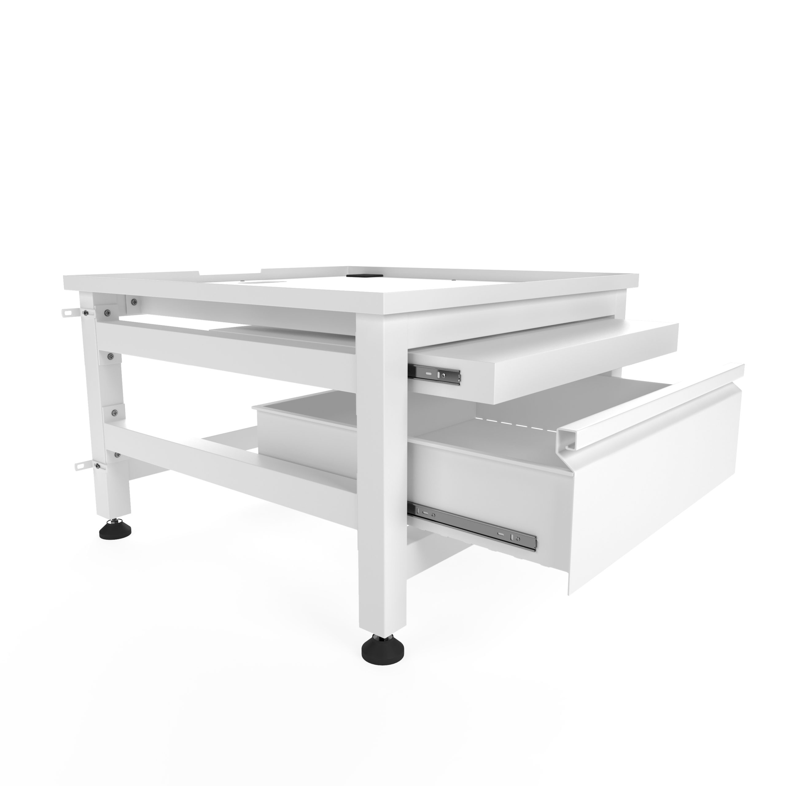 Ein weißer Schrank mit zwei Schubladen. Eine Schublade ist offen. Der Schrank hat schwarze Füße.