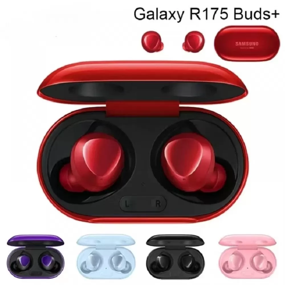 Rote Samsung Galaxy R175 Buds+ Ohrhörer in einem roten Etui, mit mehreren verschiedenfarbigen Etuis unten.