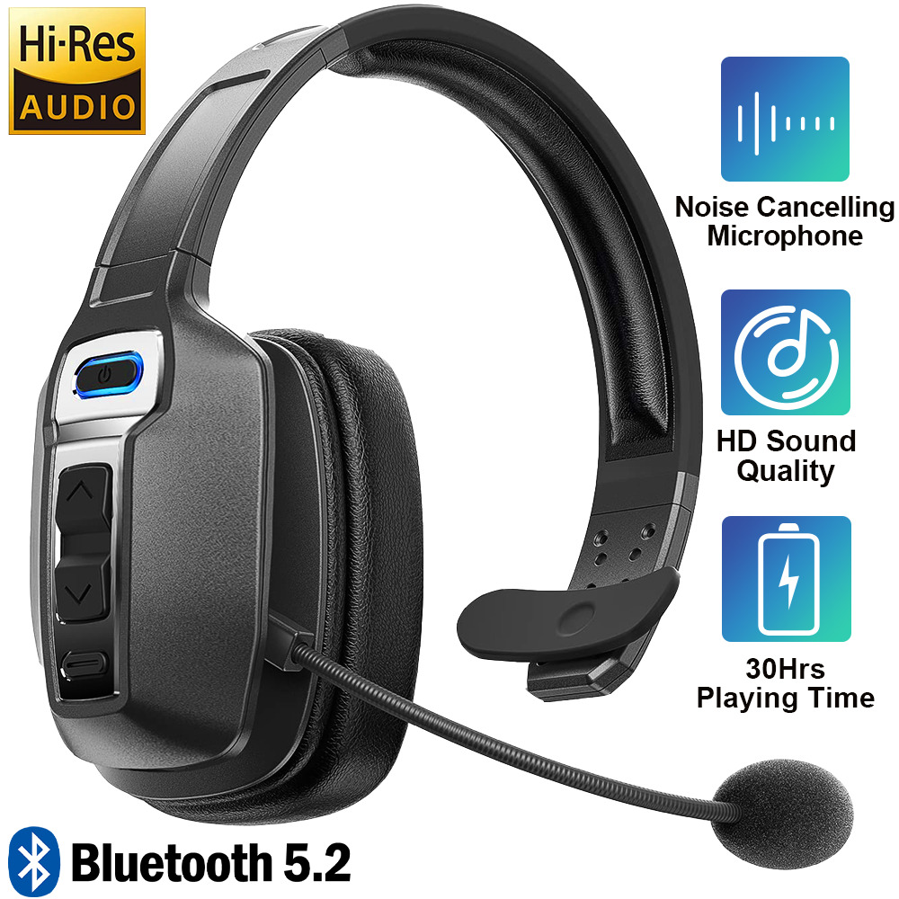 Schwarzes Headset mit Mikrofon. Funktionen: Geräuschunterdrückung, HD-Sound und 30 Stunden Spielzeit. Bluetooth 5.2 und Hi-Res Audio.