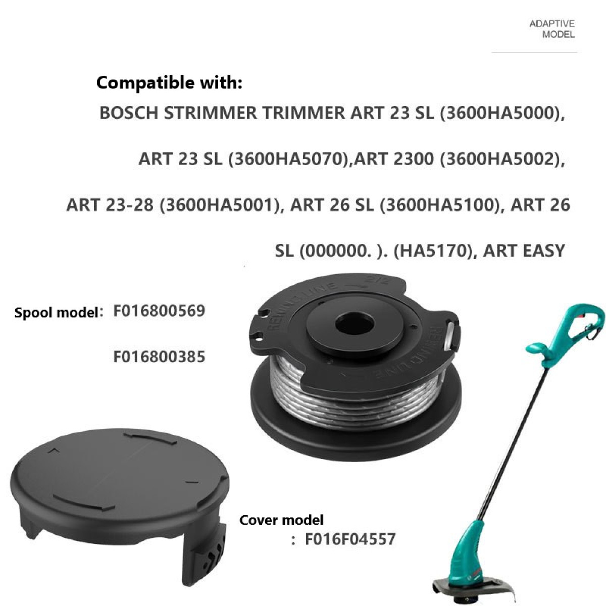 Das Bild zeigt einen Trimmer mit Teilen: Spule, Abdeckung und Trimmer. Text listet kompatible Modelle auf.