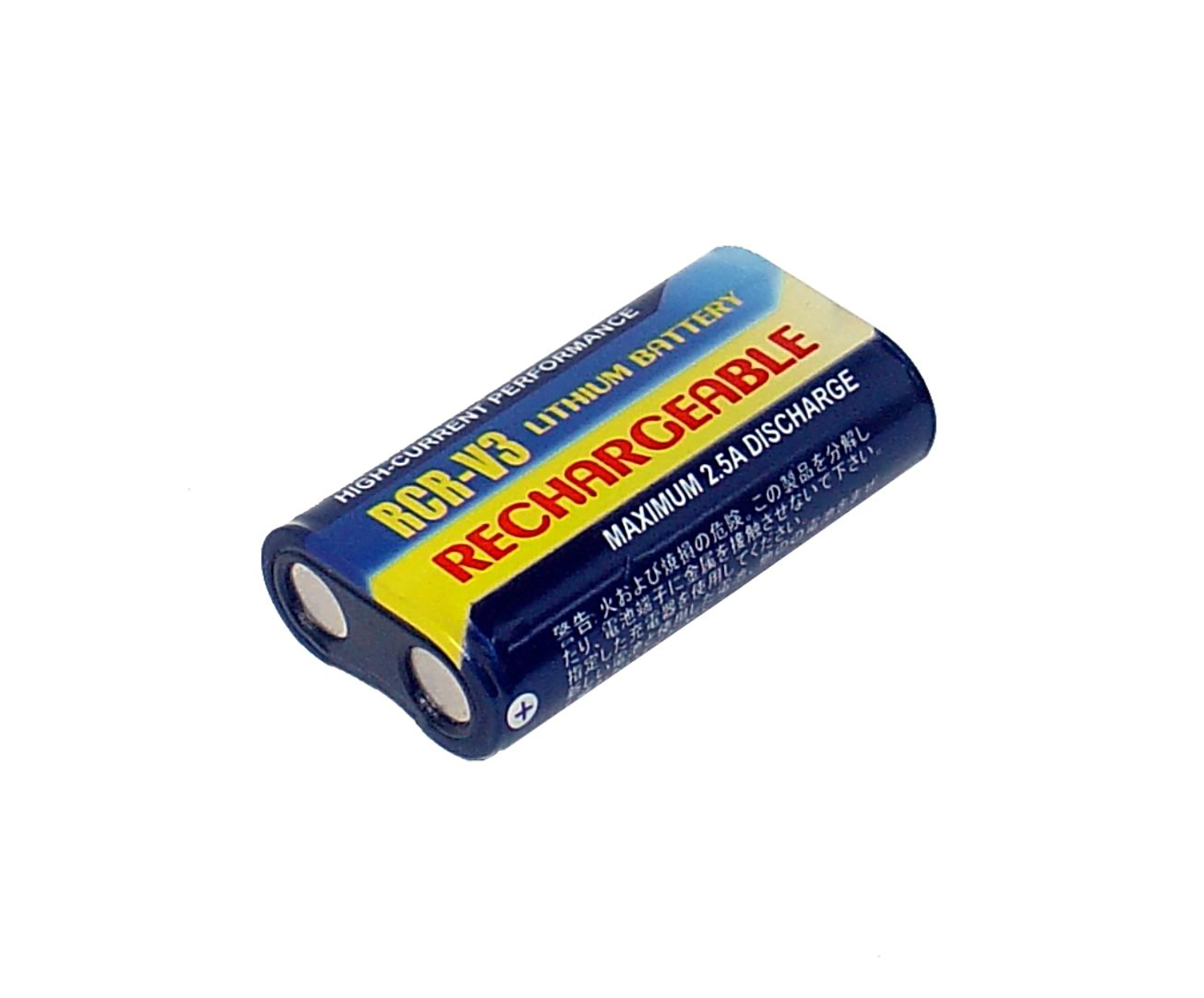 Wiederaufladbare RCR-V3 Lithium-Batterie, blau-gelbes Etikett, weißer Hintergrund. Text enthält 'RECHARGEABLE' und 'MAXIMUM 2.5A DISCHARGE'.