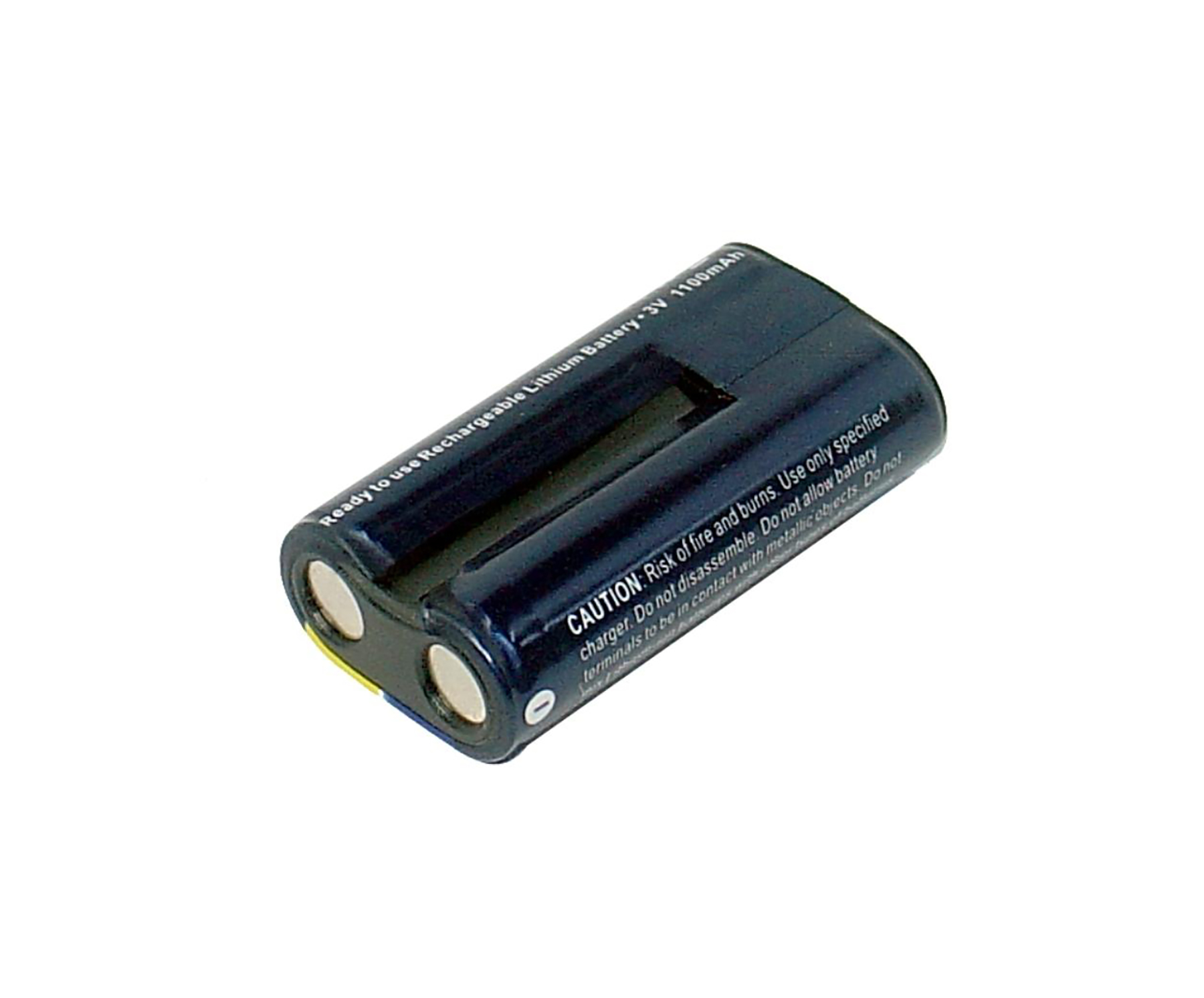Ein wiederaufladbarer Lithium-Akku, schwarz mit zwei silbernen Anschlüssen und Warnhinweisen.