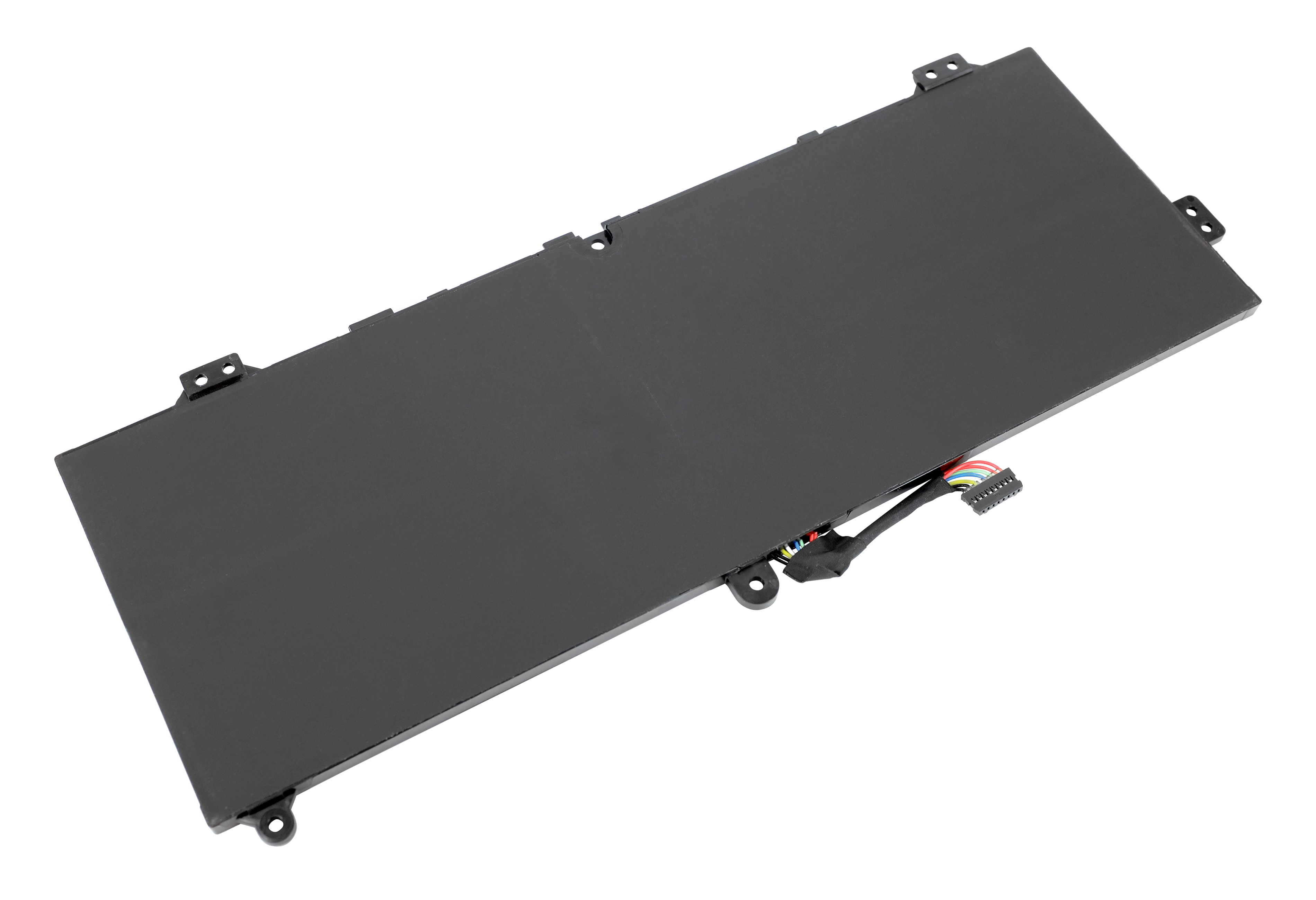 Ein Laptop-Akku auf weißem Hintergrund. Er ist schwarz mit einem Stecker und Drähten. Es gibt mehrere Löcher für Schrauben.