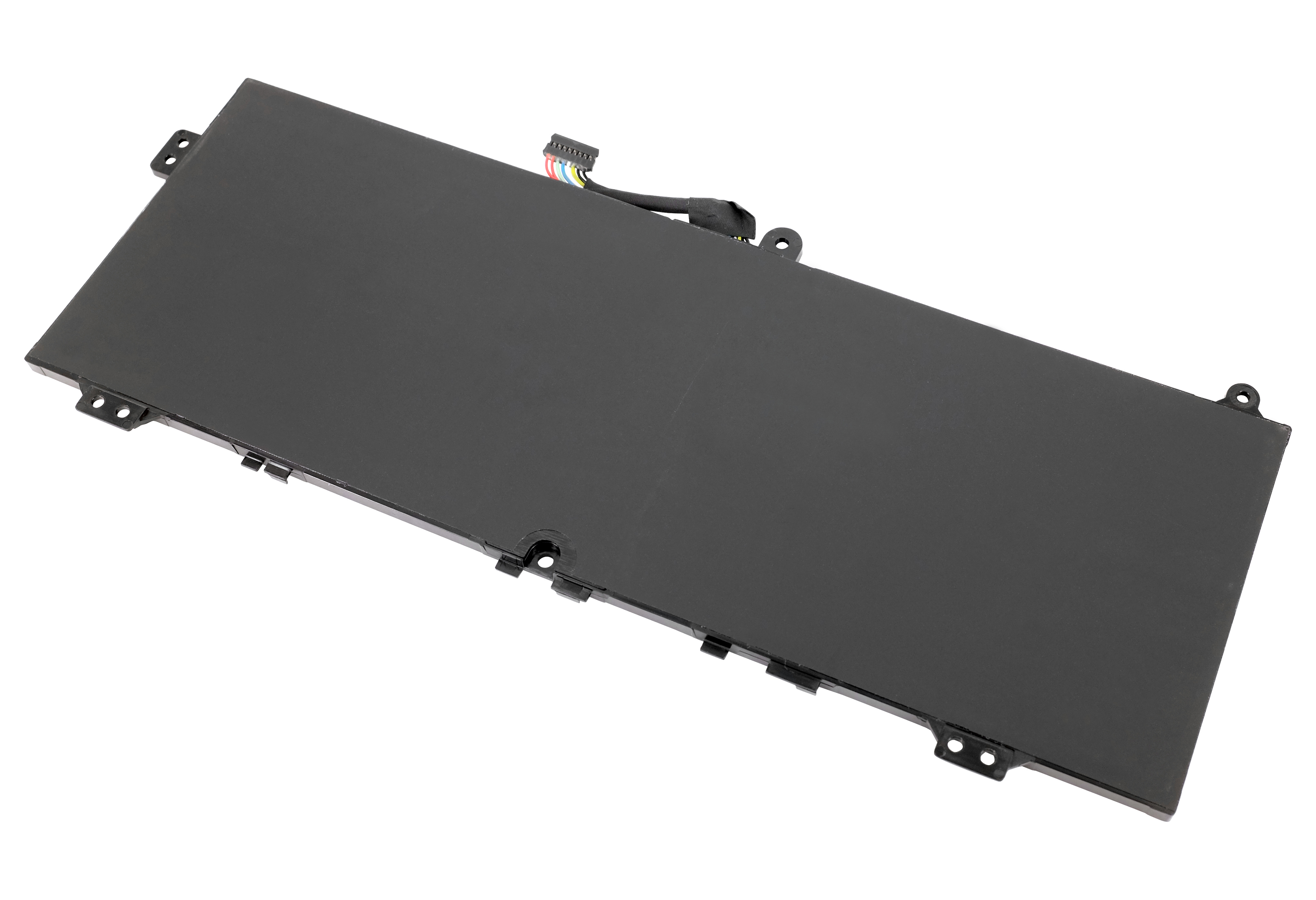 Ein rechteckiger schwarzer Laptop-Akku. Er hat einen Stecker mit bunten Drähten und mehrere Befestigungslöcher.