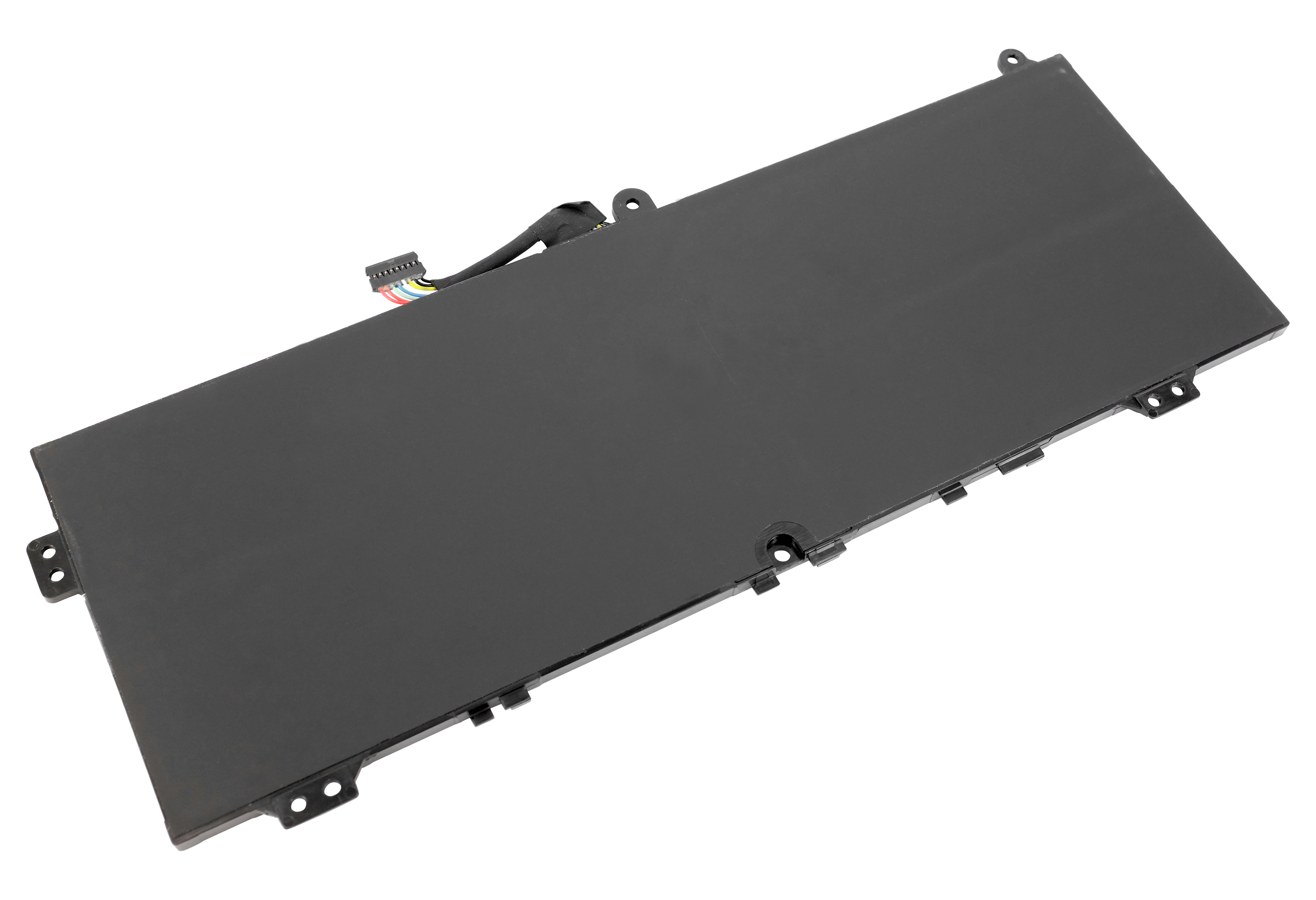 Ein rechteckiger schwarzer Laptop-Akku mit Stecker und farbigen Drähten. Weißer Hintergrund.