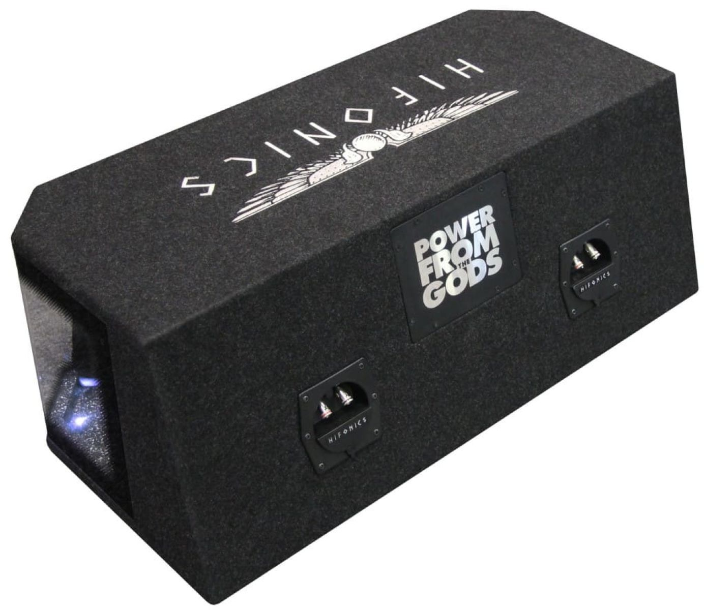 Eine schwarze Subwoofer-Box mit 'HIFONICS'- und 'POWER FROM THE GODS'-Branding. Sie hat Lautsprechereingänge und ein klares Fenster an der Seite.