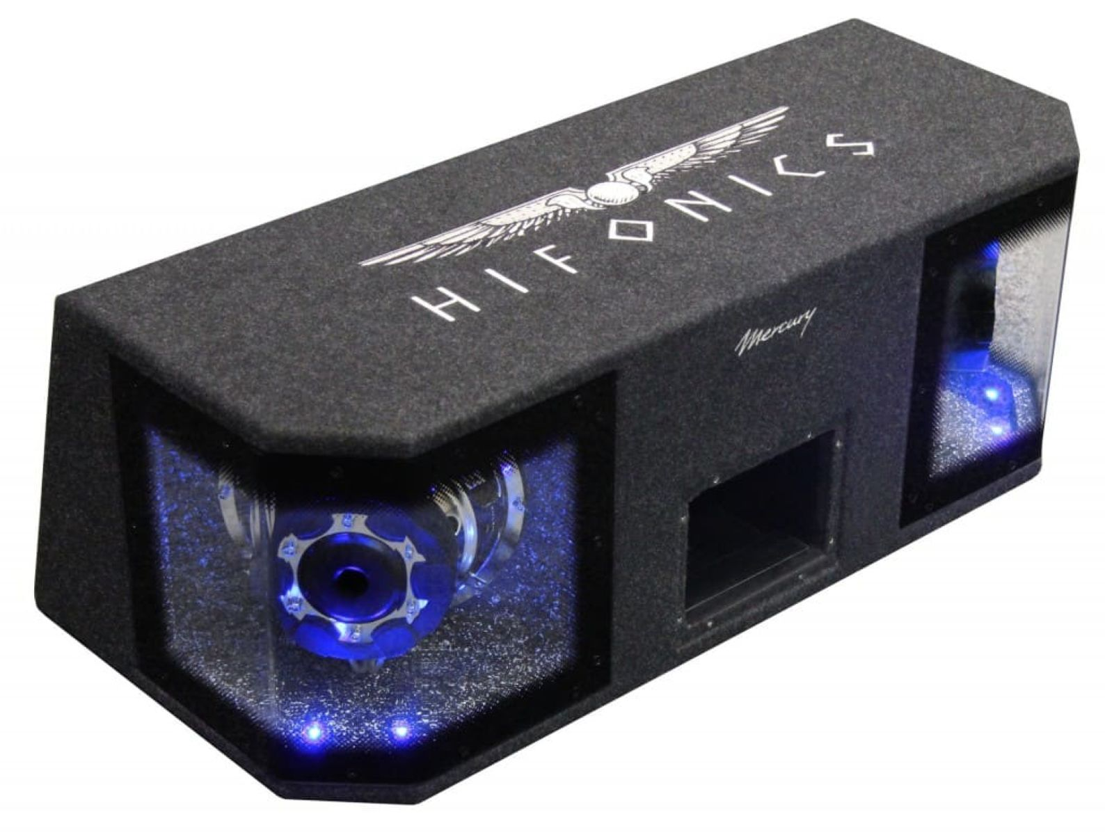 Schwarze Subwoofer-Box mit blauen Lichtern. 'HIFONICS' oben. Transparente Front zeigt einen Lautsprecher. Text 'Mercury' an der Seite.