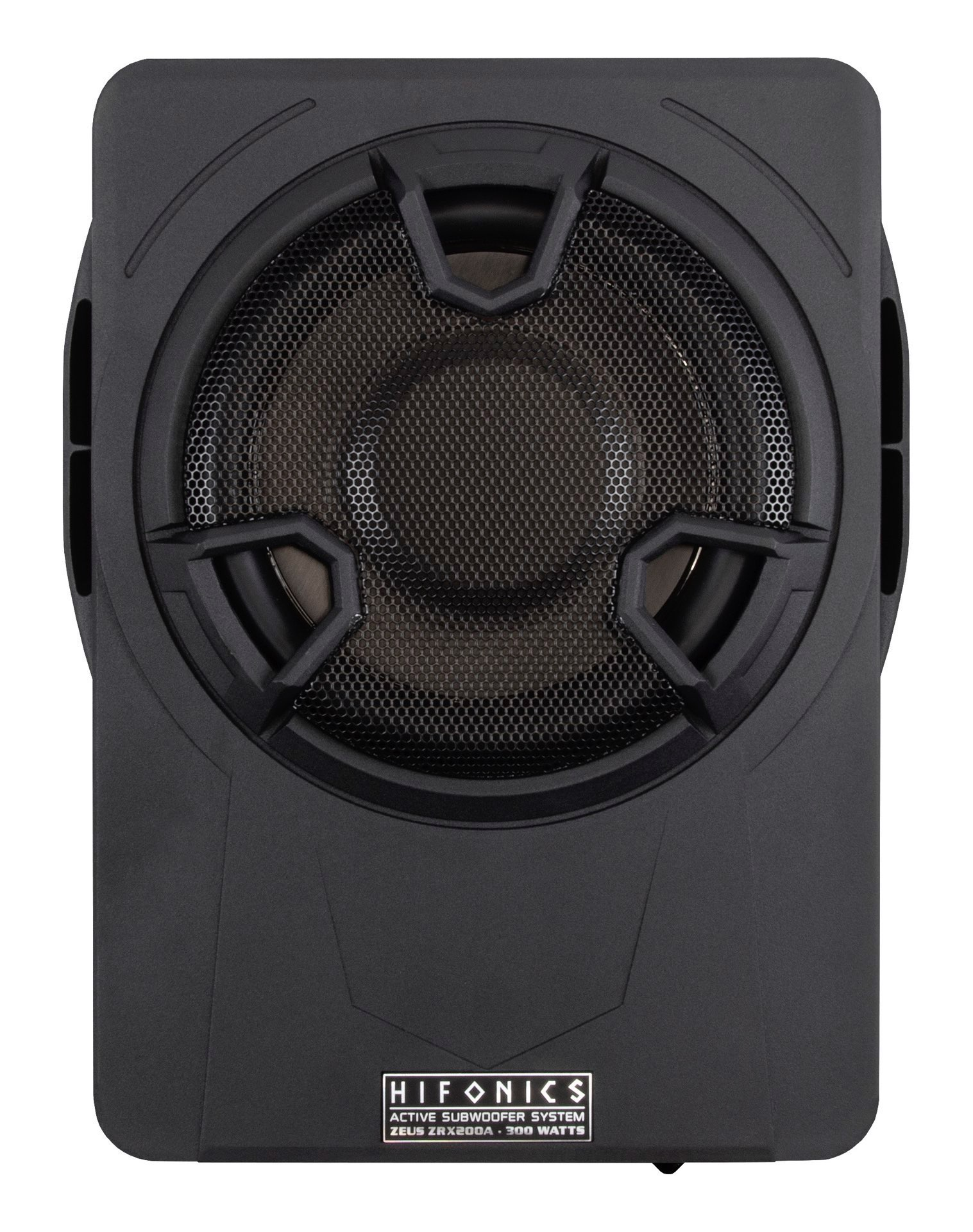Schwarzer Subwoofer mit Gitter. Der Markenname ist unten sichtbar. Der Subwoofer ist rechteckig.