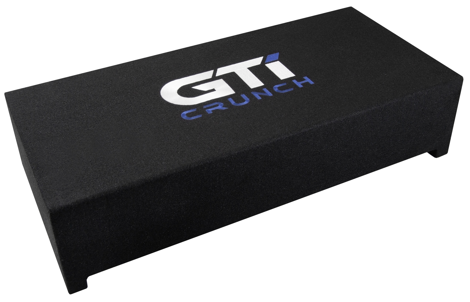 Eine schwarze, rechteckige Box mit dem weiß-blauen "GTI CRUNCH"-Logo. Der Hintergrund ist weiß.