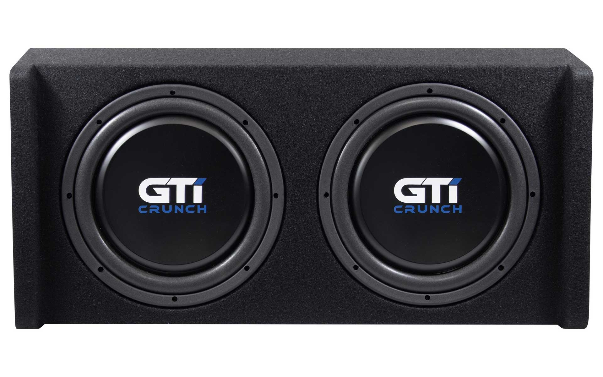 Eine schwarze Subwoofer-Box mit zwei kreisförmigen Lautsprechern. Jeder Lautsprecher hat das GTI Crunch Logo in Weiß und Blau.