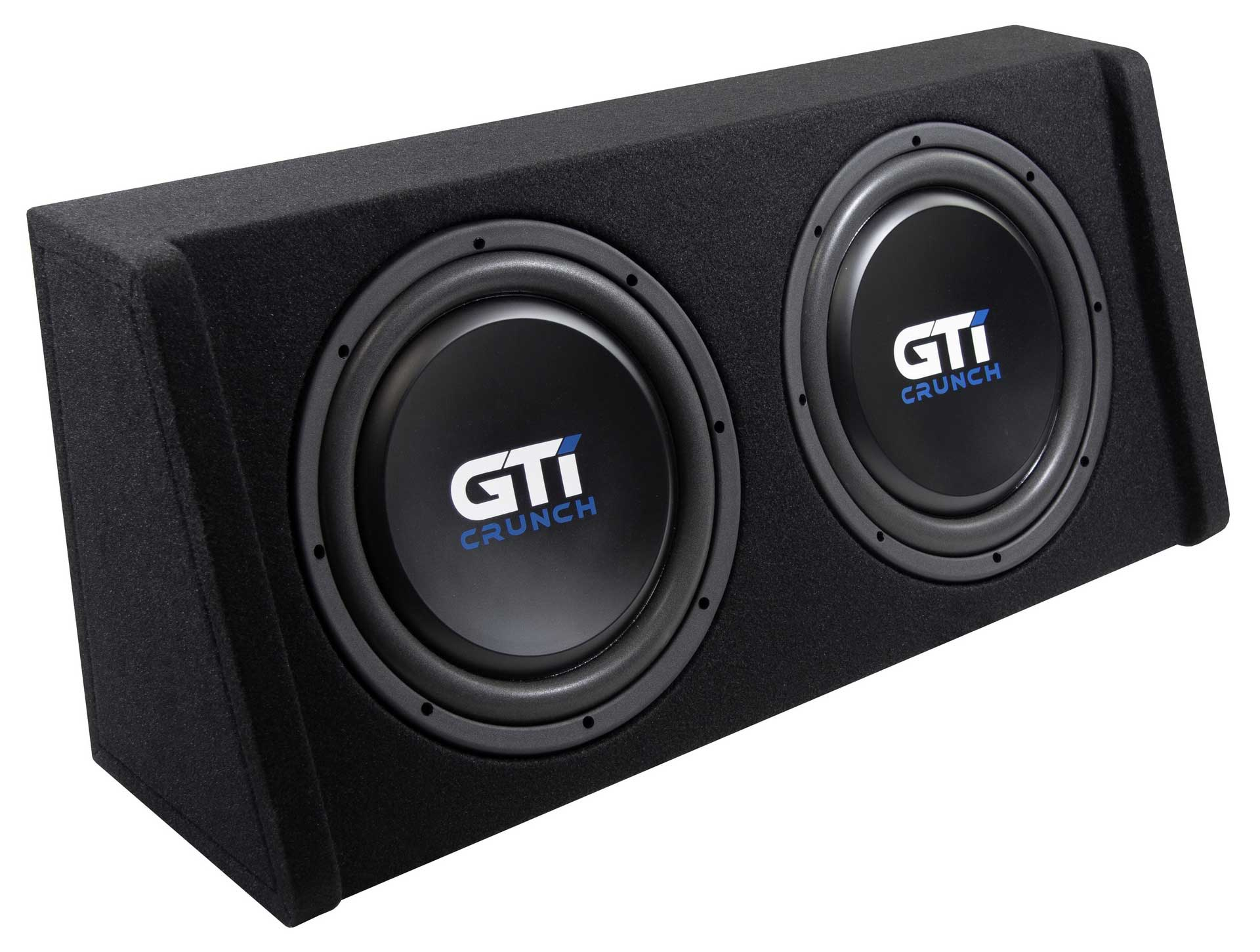 Schwarze Subwoofer-Box mit zwei Lautsprechern. Jeder Lautsprecher hat einen schwarzen Konus und das GTI Crunch Logo.