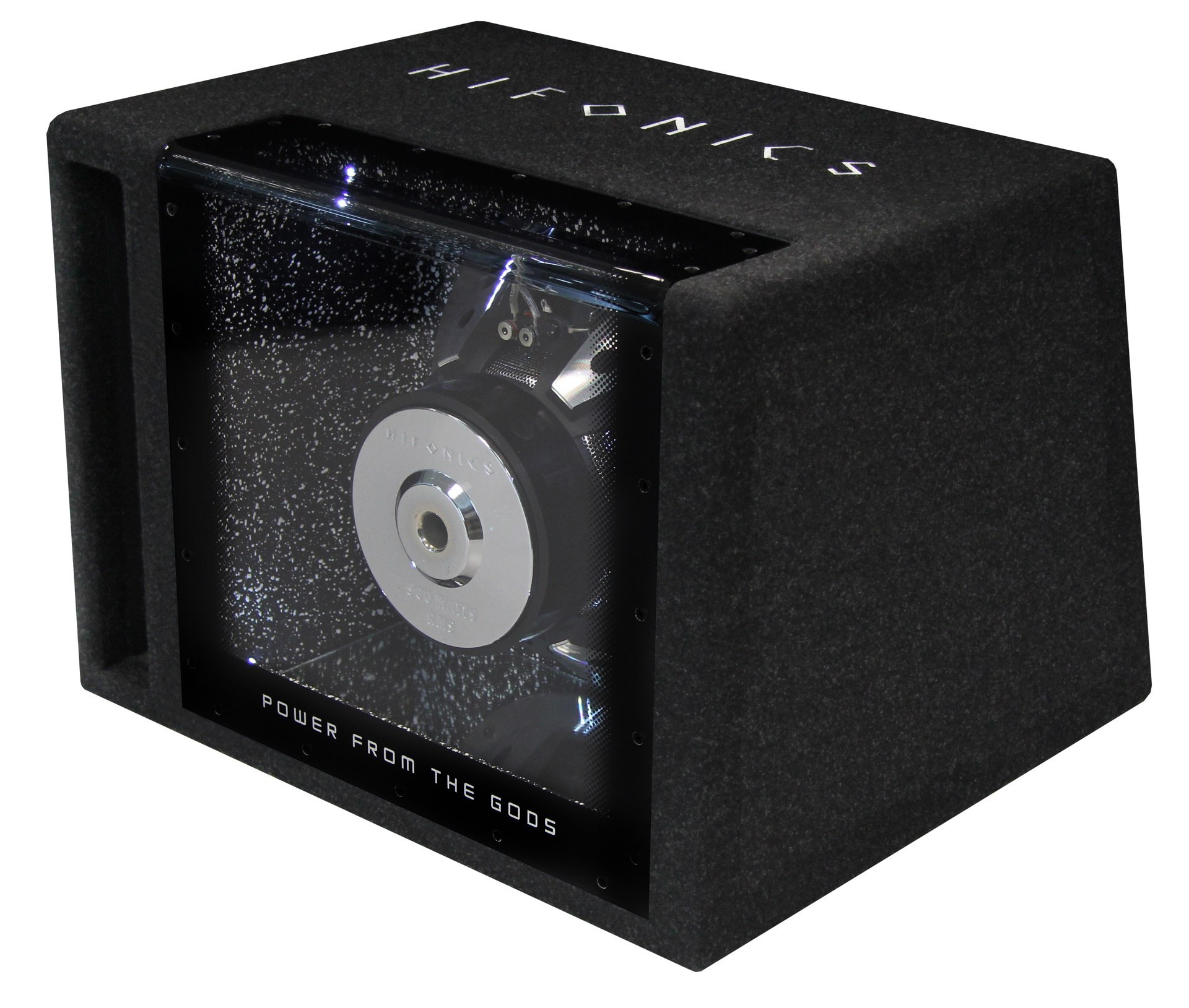 Schwarze Lautsprecherbox mit transparenter Front. Silberner Lautsprecher sichtbar. 'HIFONICS' und 'POWER FROM THE GODS'.