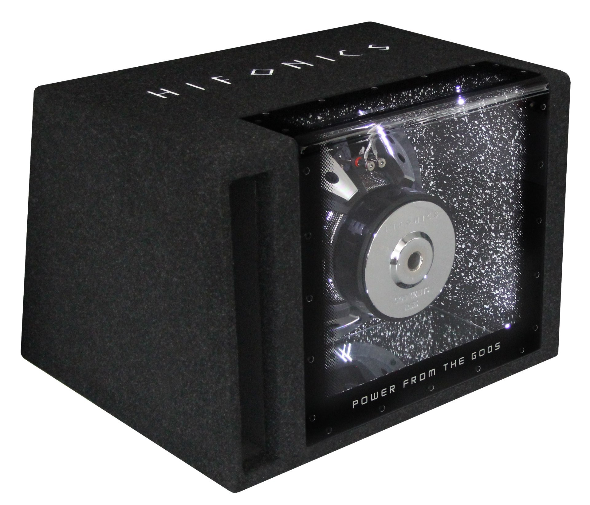 Schwarze Subwoofer-Box mit sichtbarem Lautsprecher. Die Front hat eine klare Platte. Das Wort HIFONICS ist sichtbar.