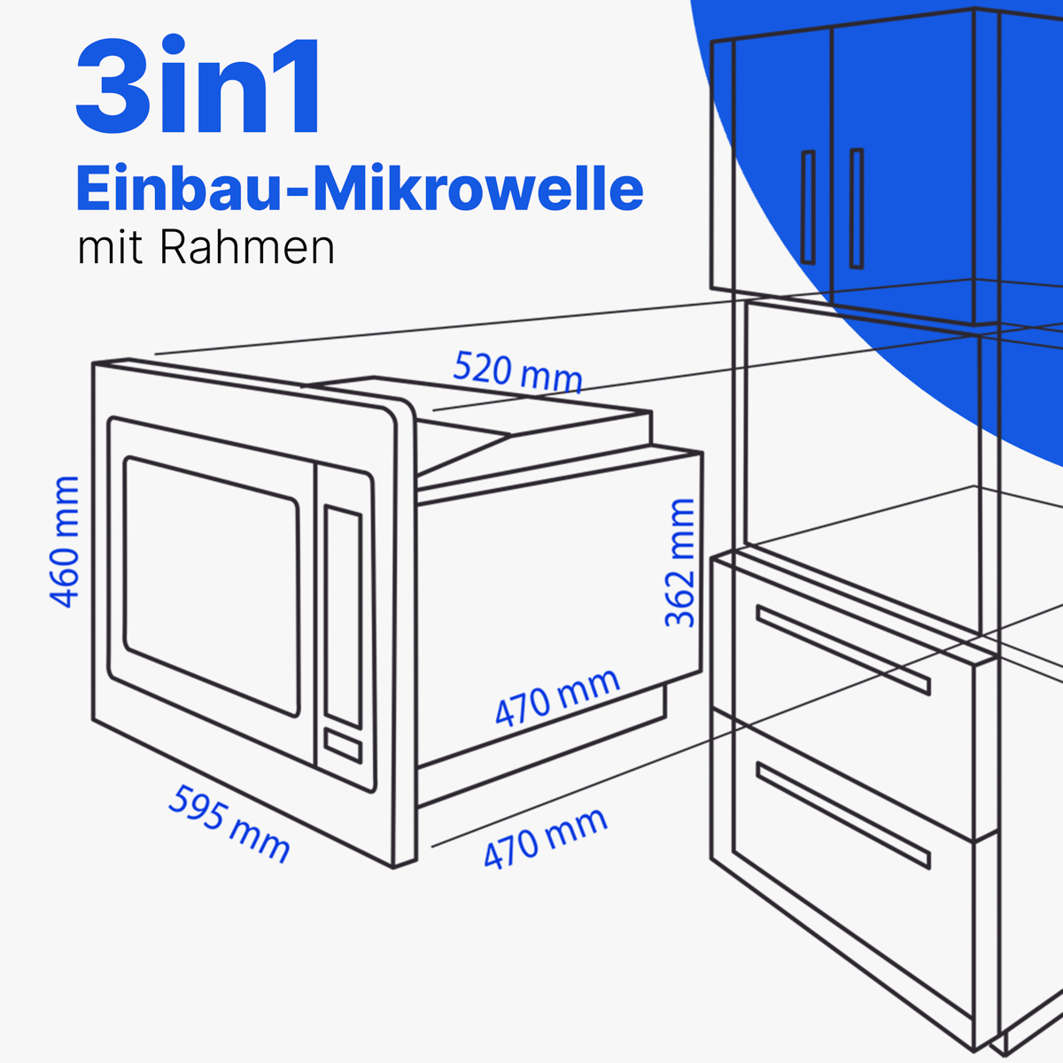 Eine 3-in-1-Einbaumikrowelle mit Maßangaben. Details umfassen 595 mm, 460 mm, 520 mm, 470 mm und 362 mm Messungen.