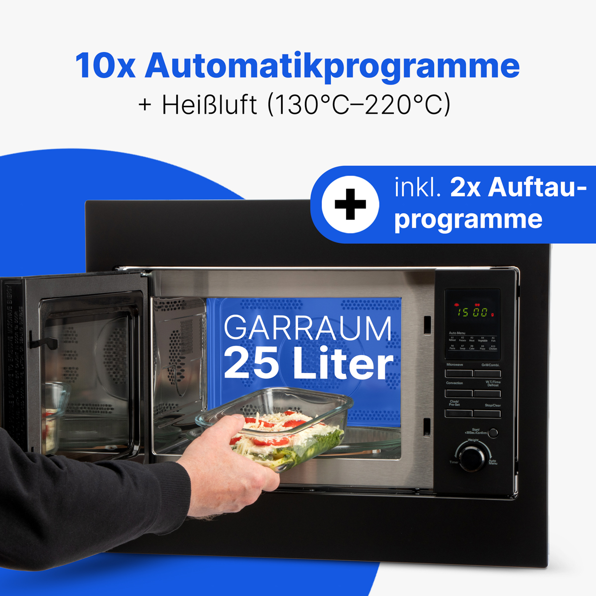 Eine Person legt Essen in eine Mikrowelle. Die Mikrowelle hat Knöpfe und ein Display. Text enthält '25 Liter' und 'Automatikprogramme'.