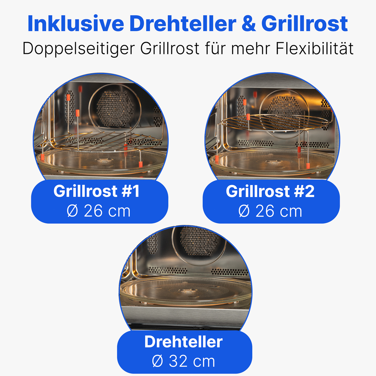 Das Bild zeigt Mikrowellenkomponenten: zwei Grills und einen Drehteller. Text beschriftet diese mit Größen. Hintergrund ist ein hellblauer Farbverlauf.