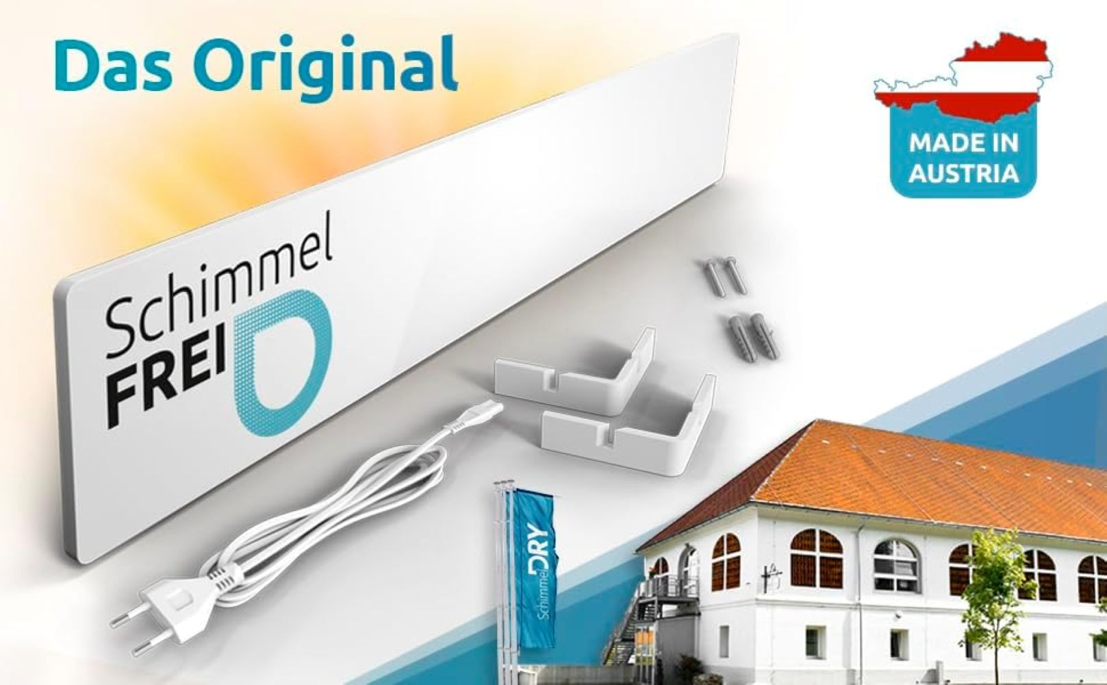Produkt mit Text 'Schimmel Frei', Stecker, Halterungen, Schrauben und Gebäude mit 'Made in Austria'-Etikett.