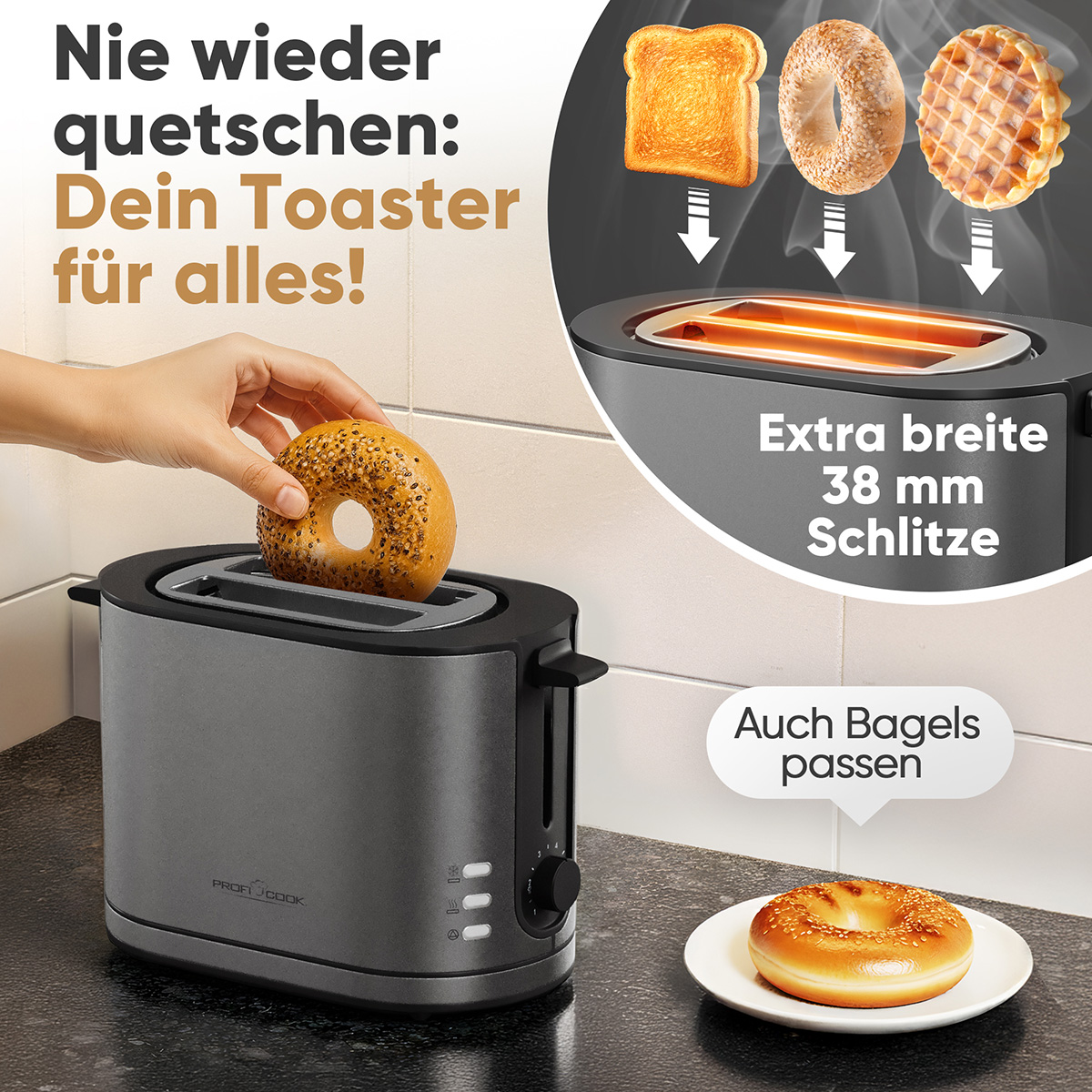 Eine Hand legt einen Bagel in einen grauen Toaster. Daneben sind Abbildungen von Toast, einem Bagel und einer Waffel. Text: Extra breite Schlitze.