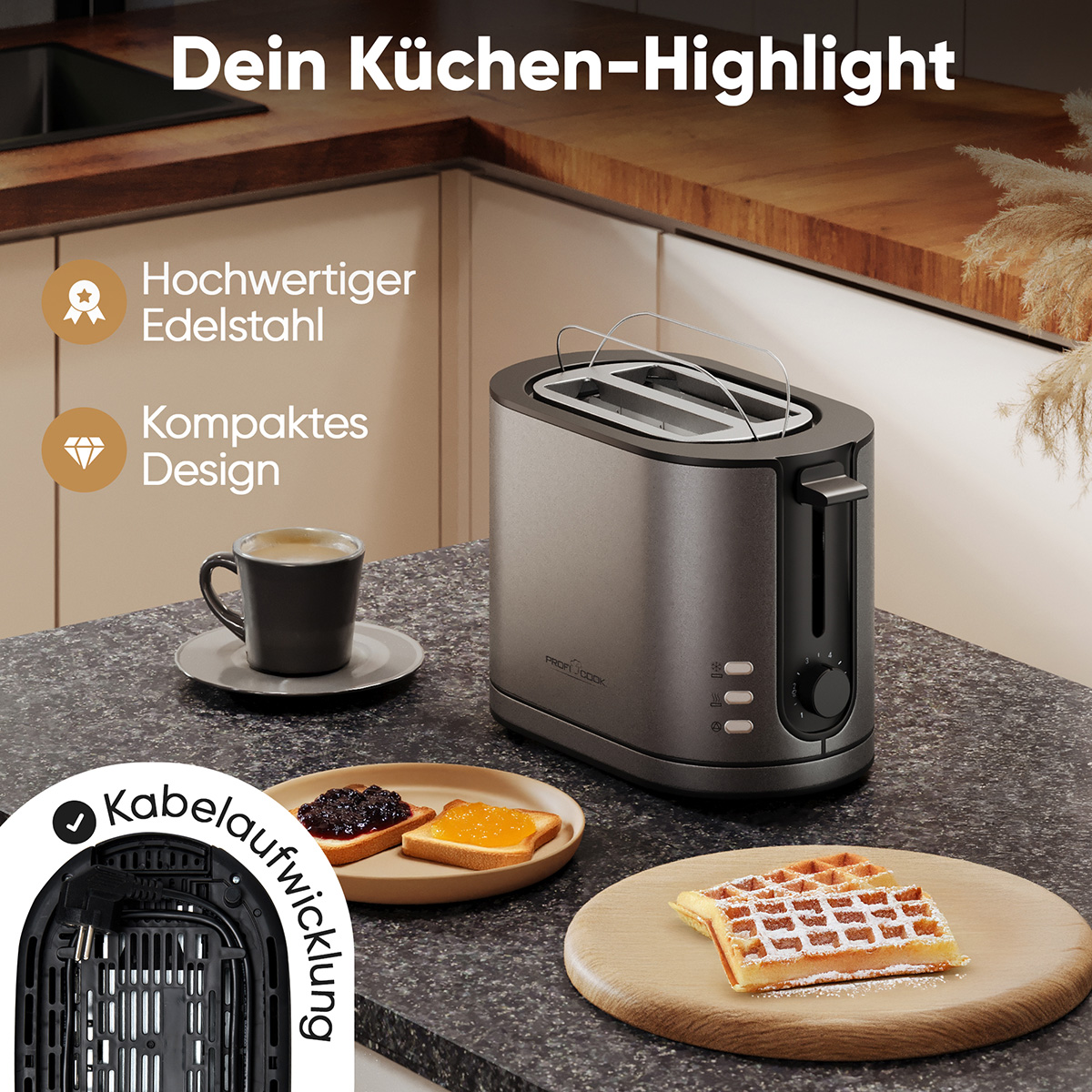Ein metallgrauer Toaster mit Waffeln, Toast und Kaffee auf einer Arbeitsplatte. Küchenhintergrund mit Text, der Merkmale hervorhebt.