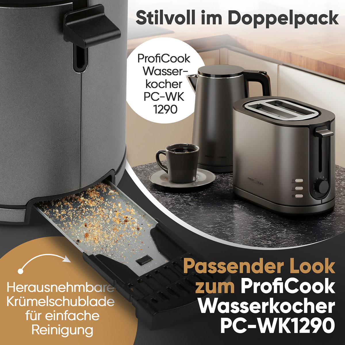 Ein graues Toaster- und Wasserkocher-Set mit einer Kaffeetasse. Der Toaster hat eine Krümelschublade. Text: 'Stilvoll im Doppelpack'.