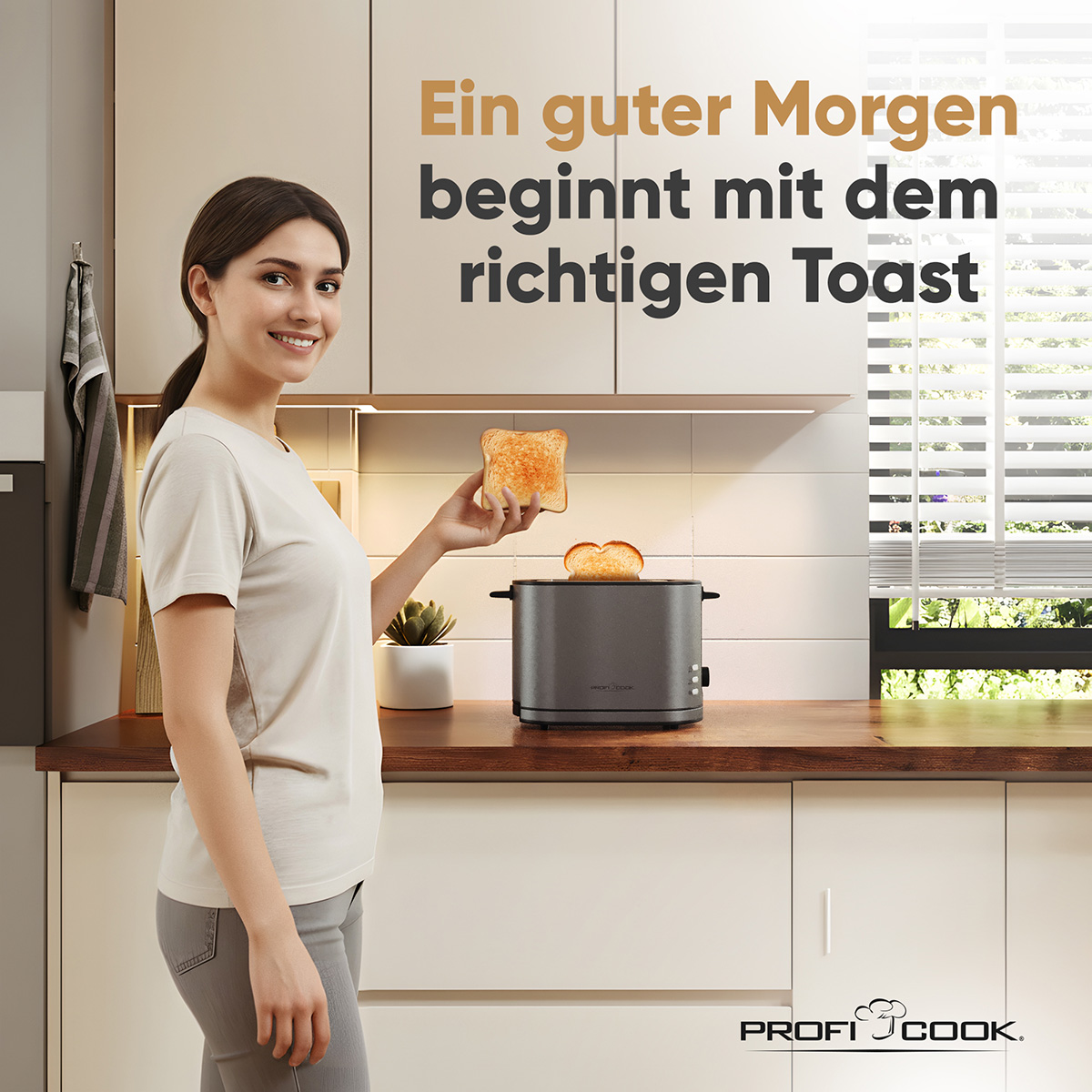 Frau hält Toast neben einem Toaster in einer Küche. Text: Ein guter Morgen beginnt mit dem richtigen Toast.