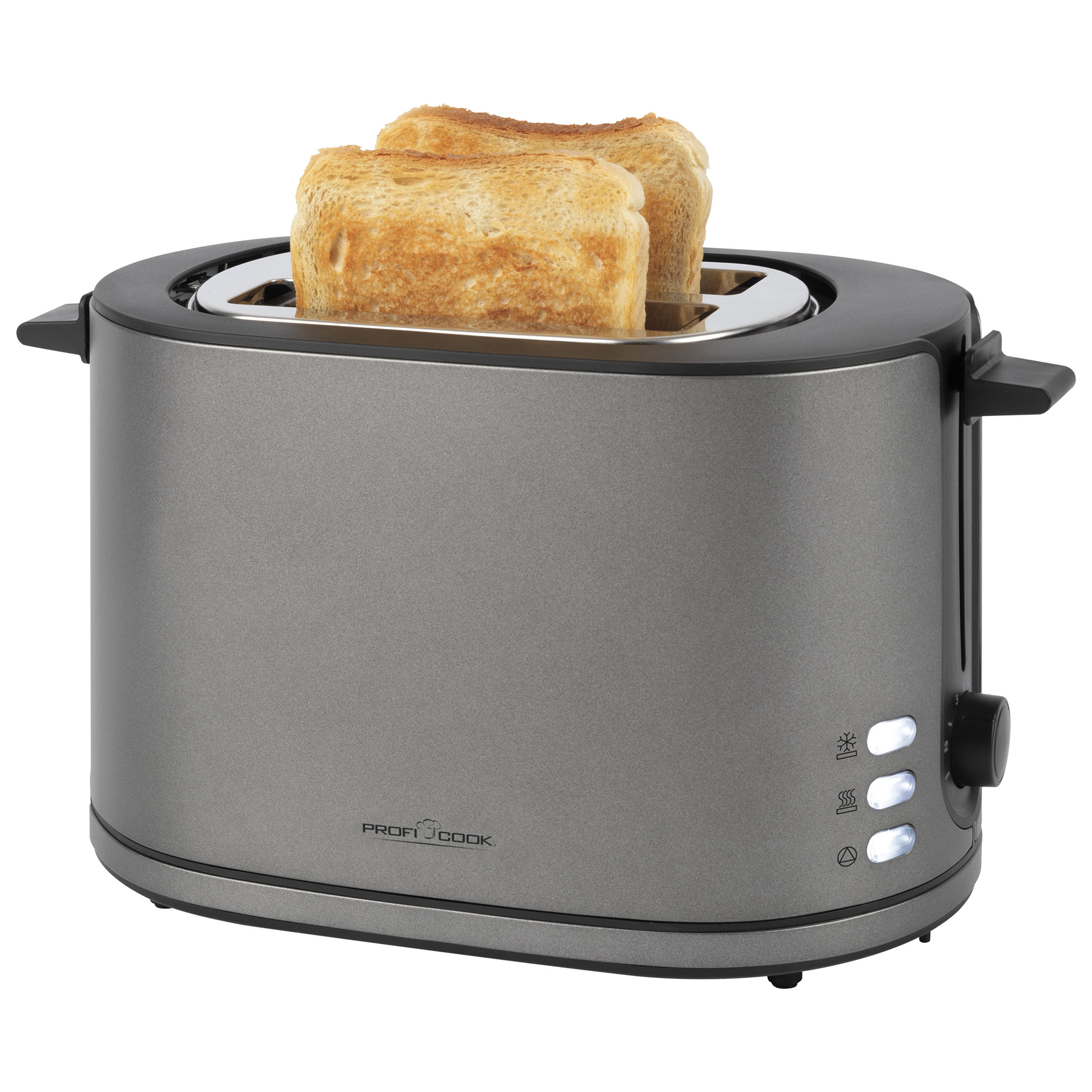 Ein grauer Toaster mit zwei Scheiben Toastbrot. Zu den Merkmalen gehören ein Drehknopf und Kontrollleuchten. Isoliert auf Weiß.
