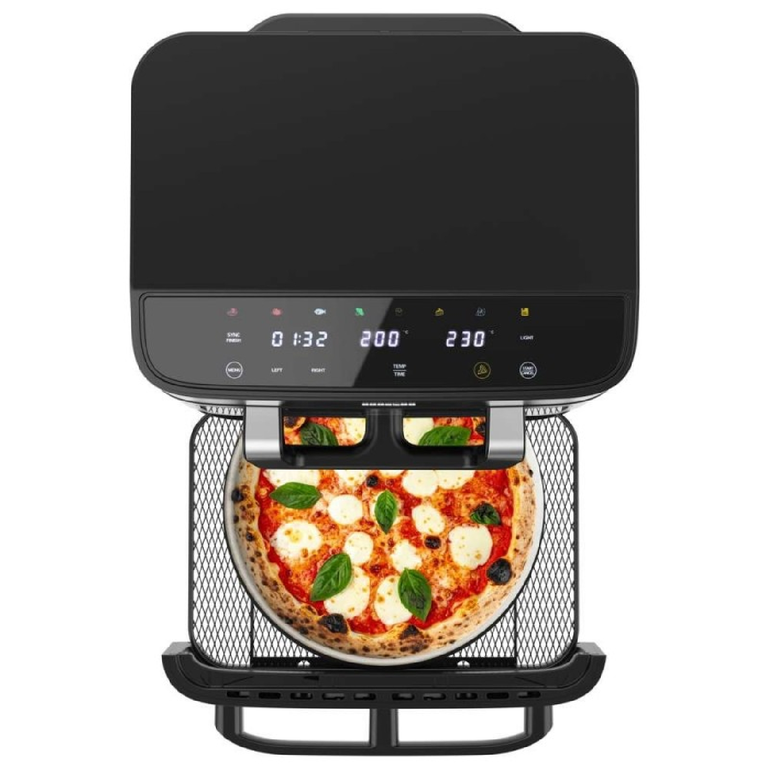 Un horno de pizza negro con una pizza dentro. Tiene una pantalla digital que muestra la hora y la temperatura. La pizza tiene queso y albahaca.