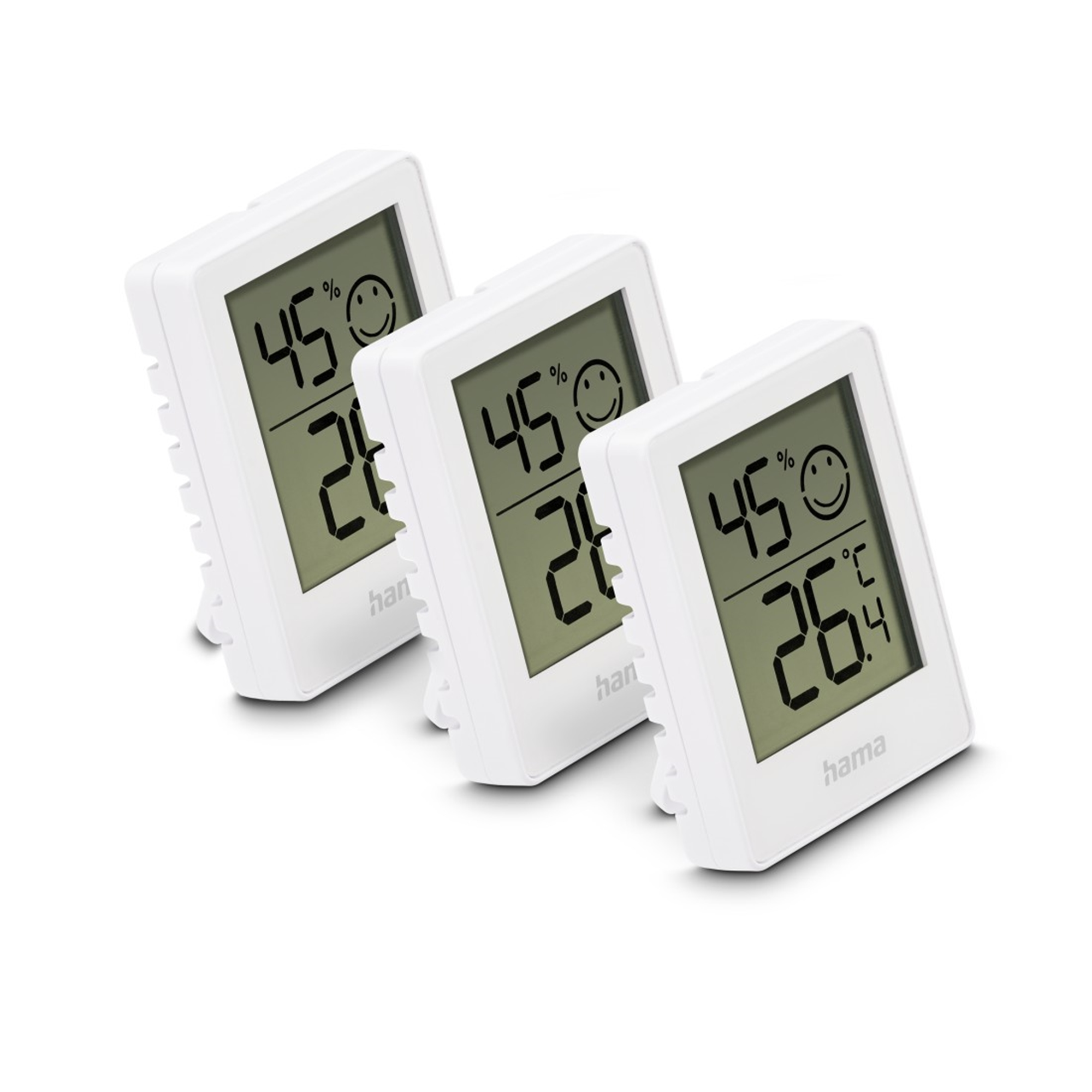 Drei weiße Digitalthermometer, die Luftfeuchtigkeit und Temperatur mit einem Smiley-Symbol anzeigen.