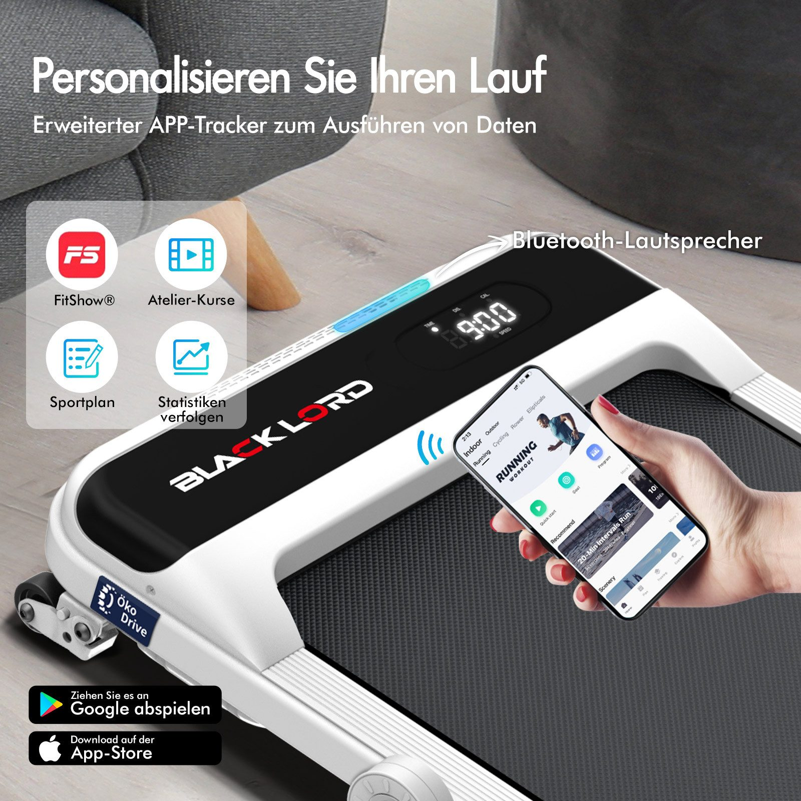 Laufband mit Telefon, das eine Workout-App anzeigt. Das Display zeigt Zeit und Geschwindigkeit. Logos für Apps und Bluetooth-Lautsprecher.