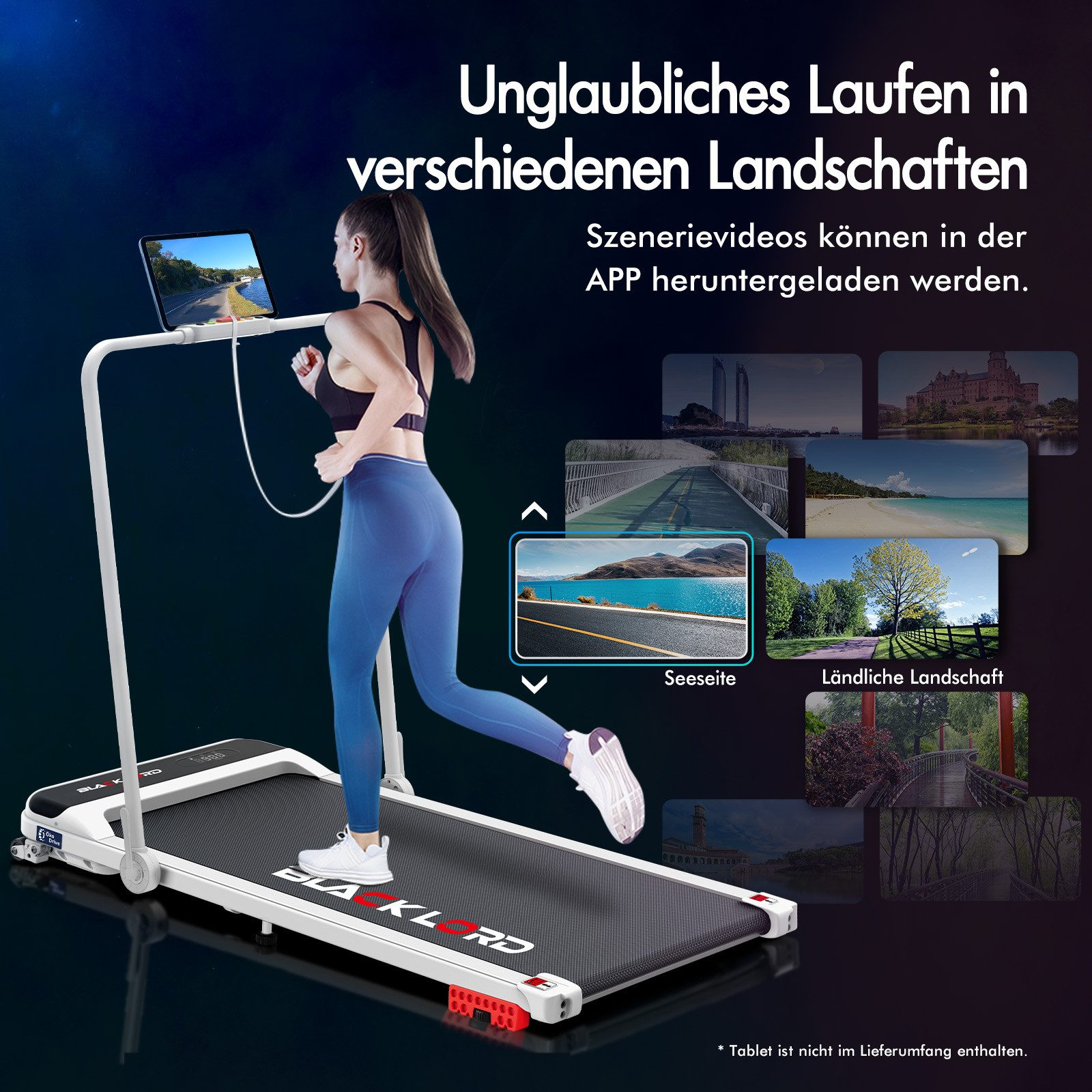Eine Frau läuft auf einem Laufband. Ein Tablet zeigt eine Straße. Andere Bilder zeigen Landschaften. Text auf Deutsch.
