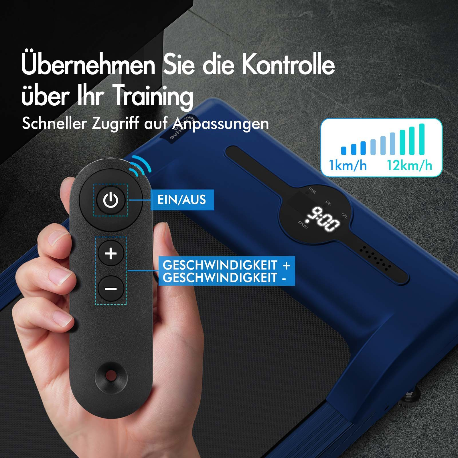 Hand hält Fernbedienung mit Ein/Aus-, Plus- und Minus-Tasten. Digitalanzeige zeigt Zeit und Geschwindigkeit.