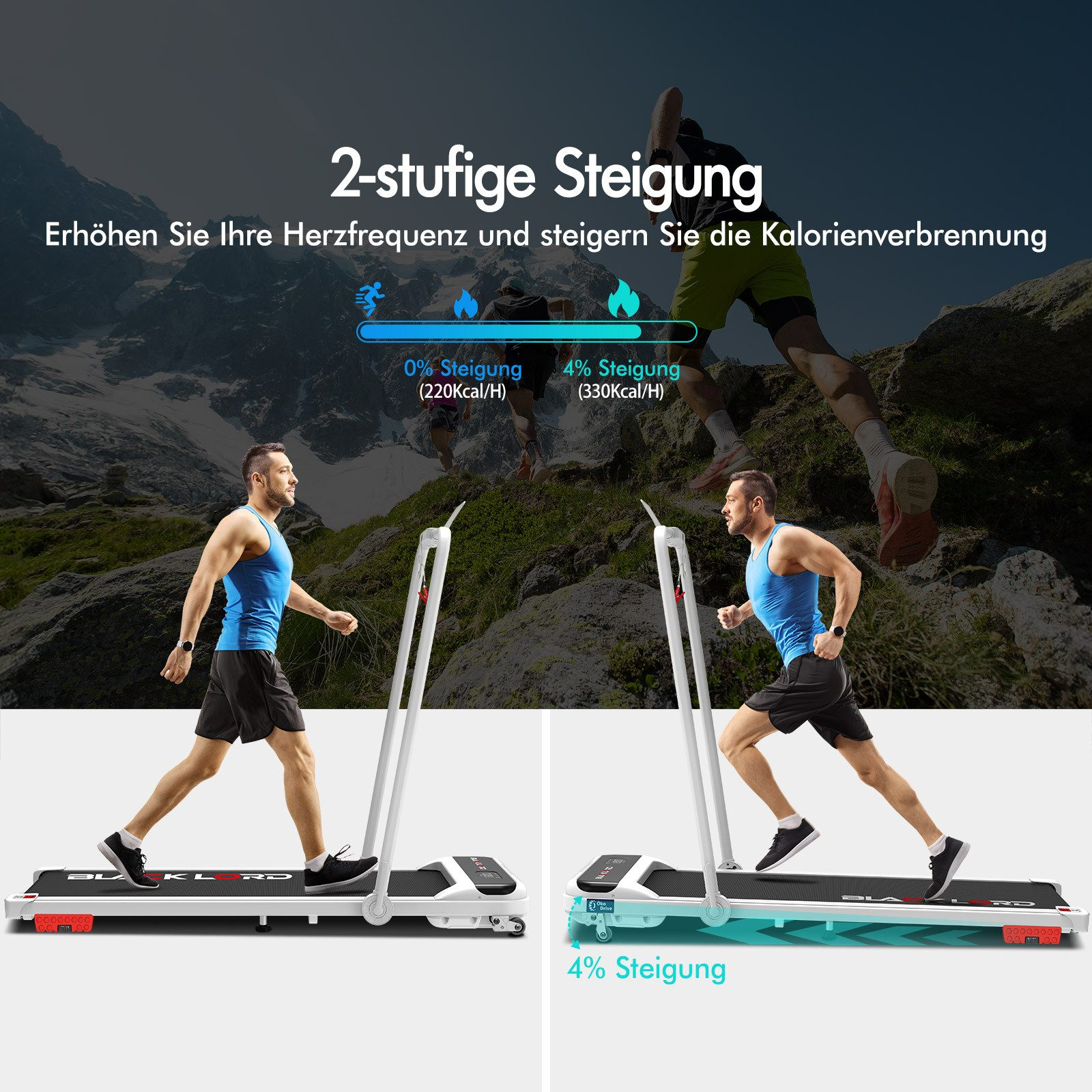 Zwei Männer auf Laufbändern, einer mit 0%, der andere mit 4% Steigung. Der Hintergrund zeigt Menschen beim Bergrennen.