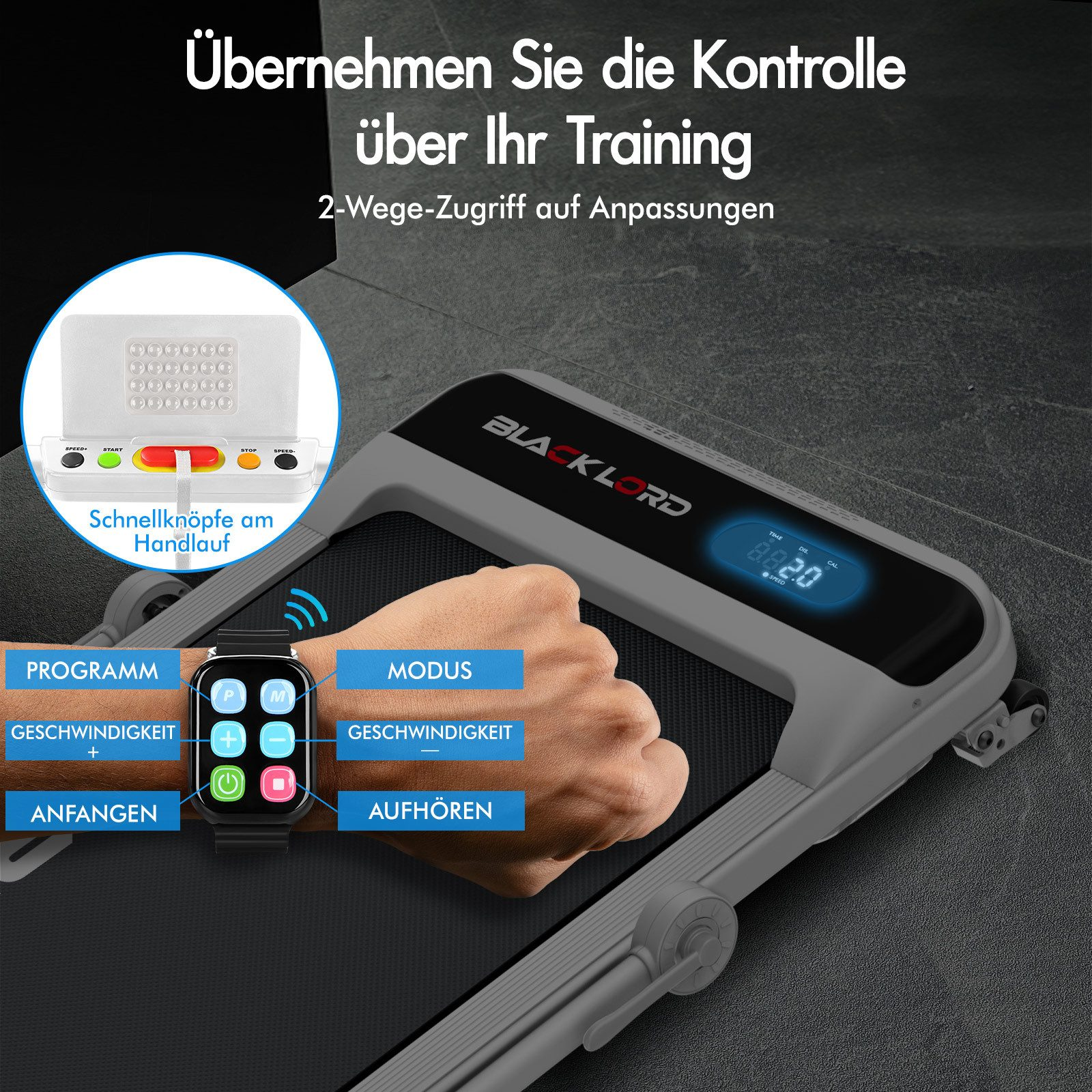 Ein Laufband mit Digitalanzeige, gesteuert von einer Smartwatch. Zeigt Zeit und Geschwindigkeit.