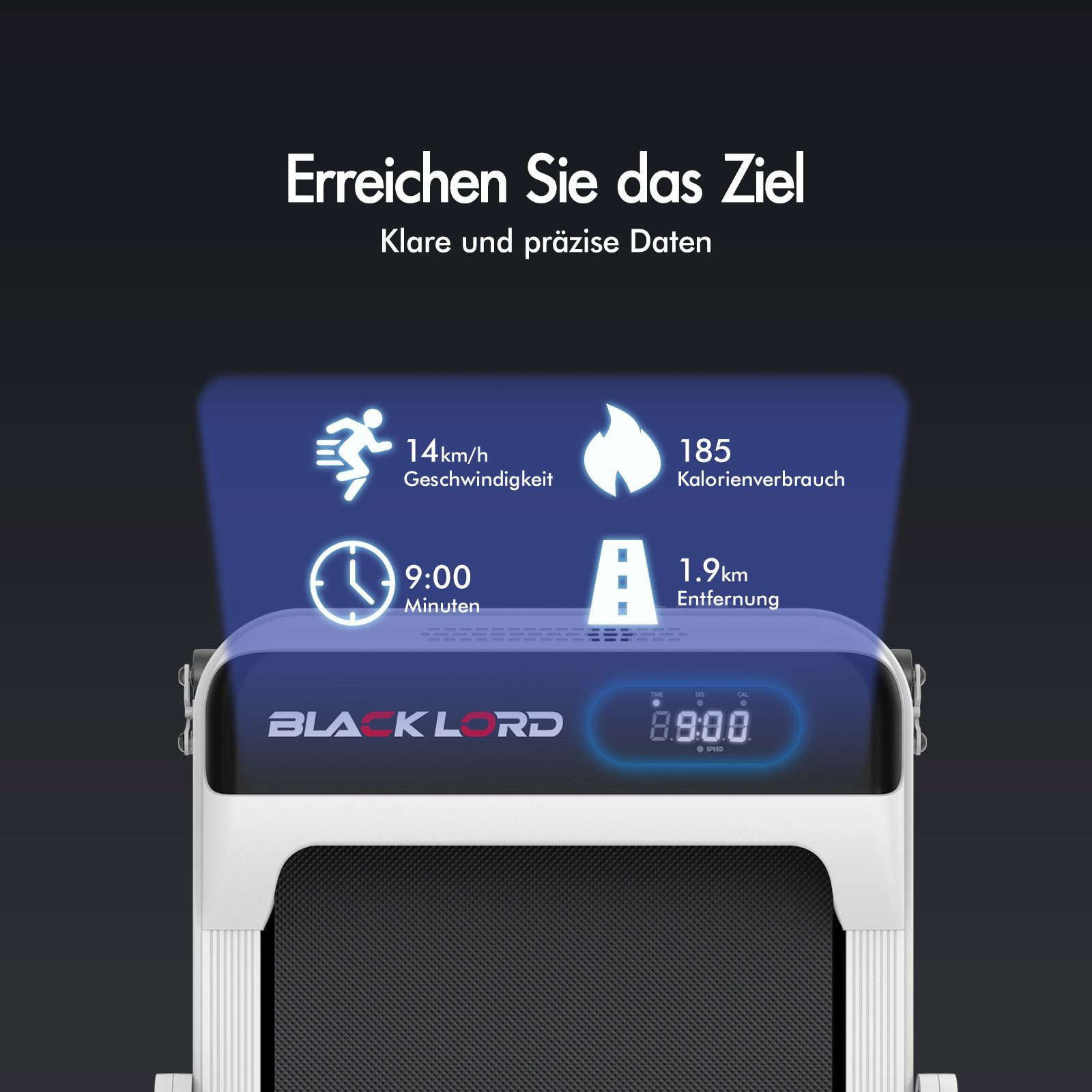 Laufbandanzeige zeigt Geschwindigkeit, Kalorien, Zeit und Distanz. Die Marke ist Black Lord. Der Hintergrund ist ein Farbverlauf.
