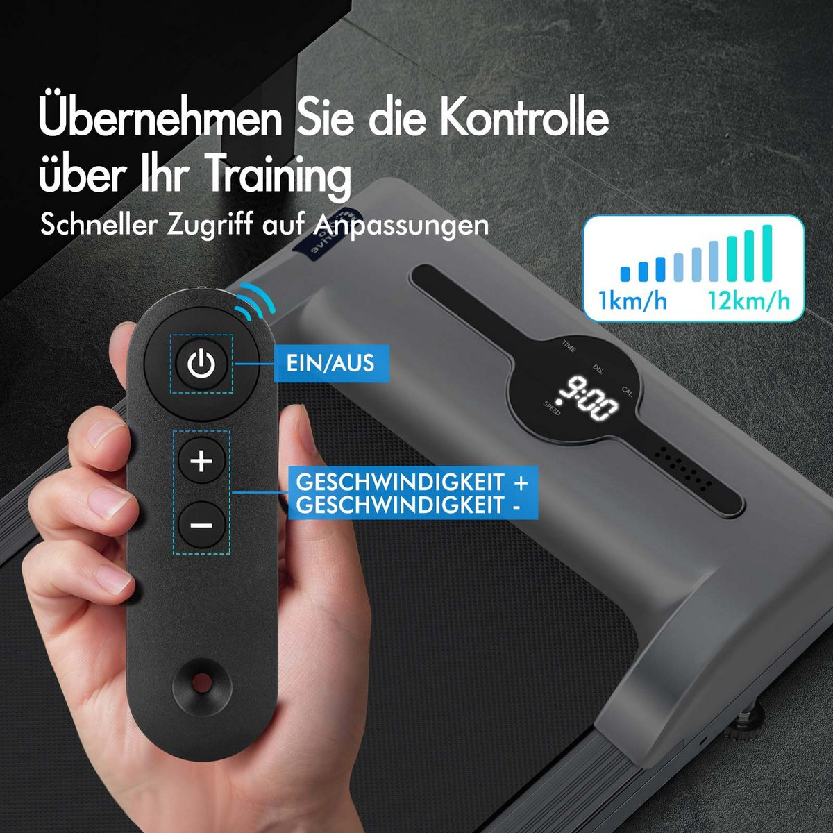 Hand hält Fernbedienung mit Ein-/Aus-Taste und Geschwindigkeitsreglern. Laufbandanzeige zeigt Zeit und Geschwindigkeitsoptionen. Deutsch.
