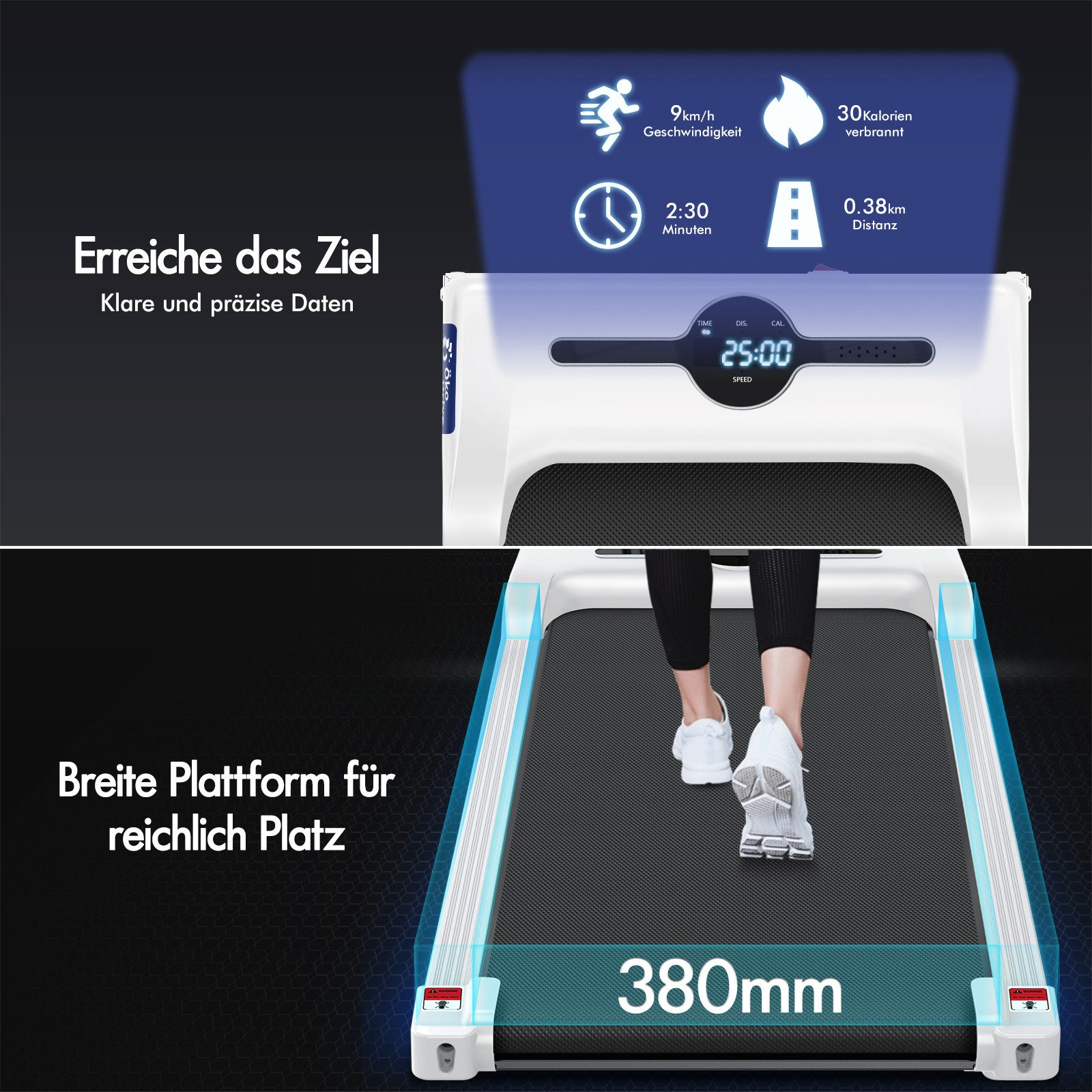 Una persona camina en una cinta de correr. La pantalla muestra velocidad, tiempo, calorías y distancia. Texto en alemán presente.