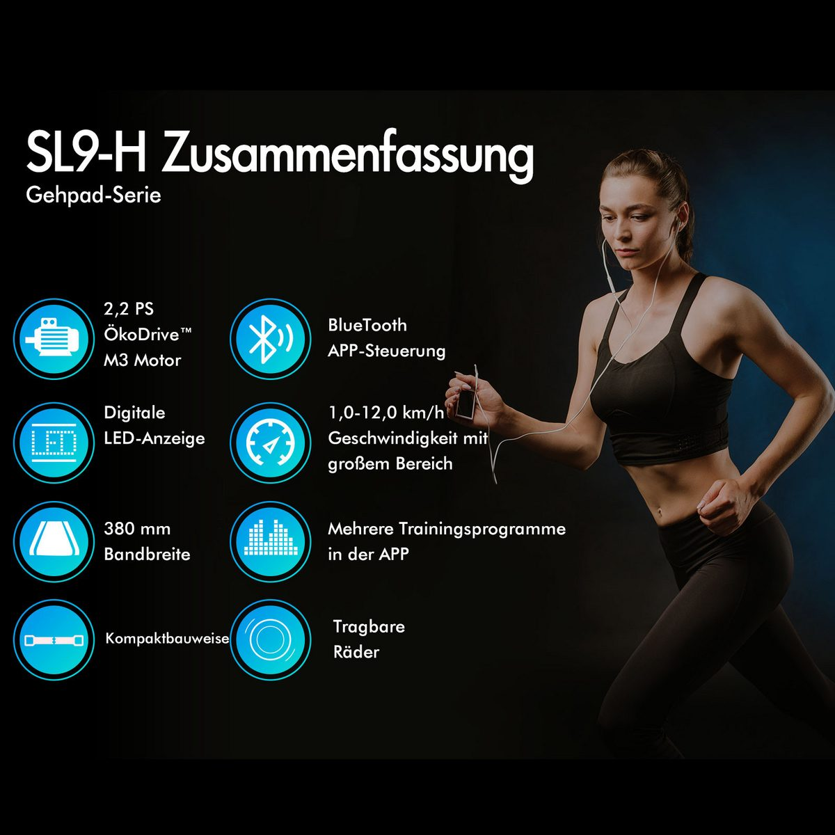 Eine Frau joggt mit schwarzem Sport-BH und Leggings und hört Musik. Das Bild hat Text über ein Laufband mit Funktionen.