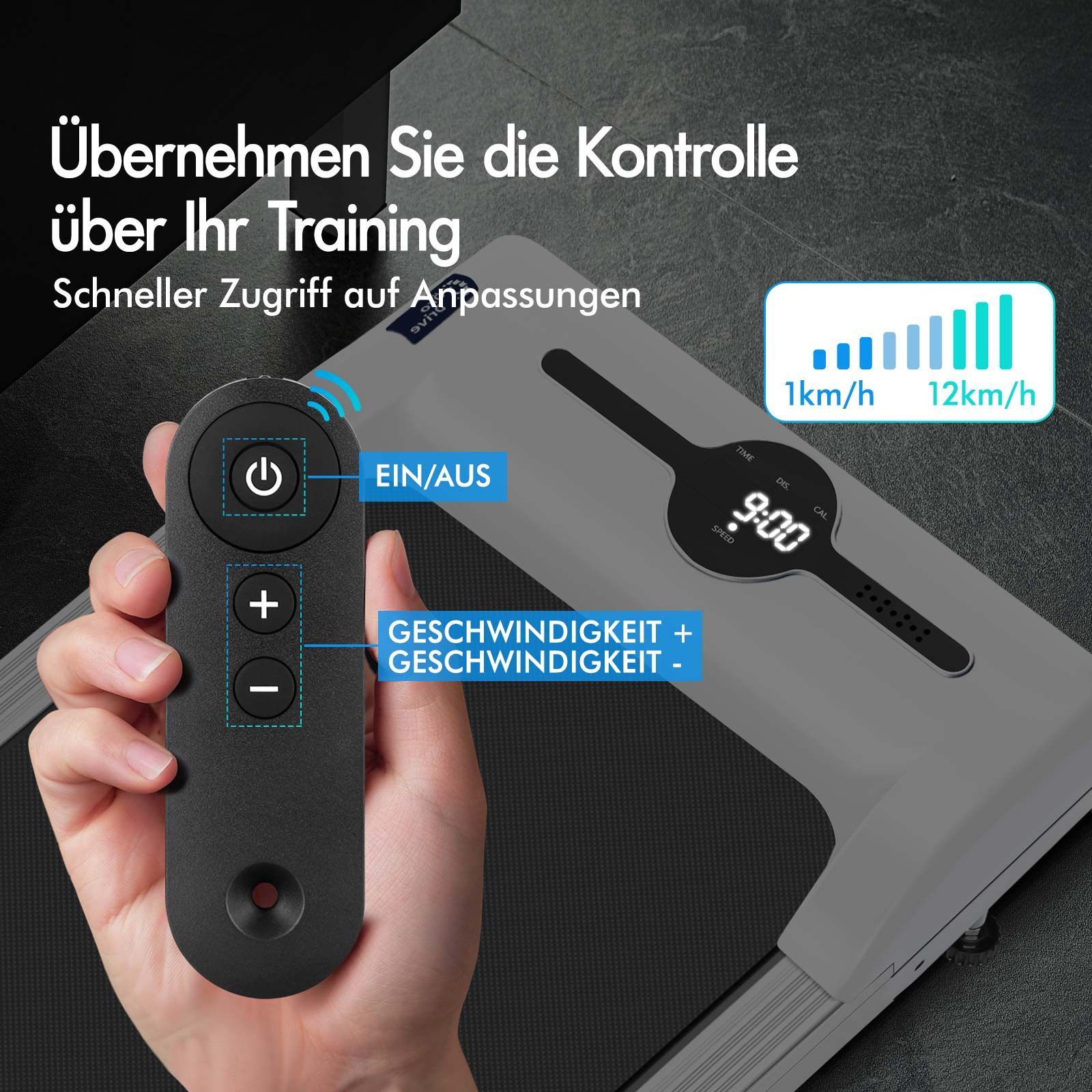 Una mano sostiene un control remoto con botones de encendido/apagado, más y menos. Una pantalla digital muestra la hora y la velocidad.