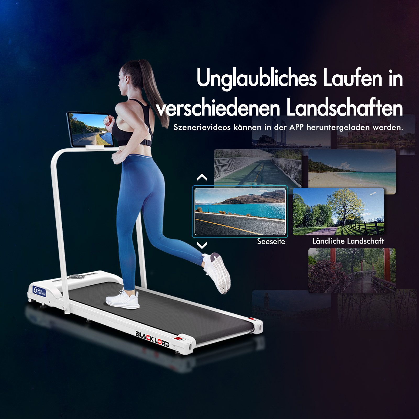 Frau läuft auf einem Laufband und sieht sich Szenen an. Produktwerbung mit Landschaftsbildern.
